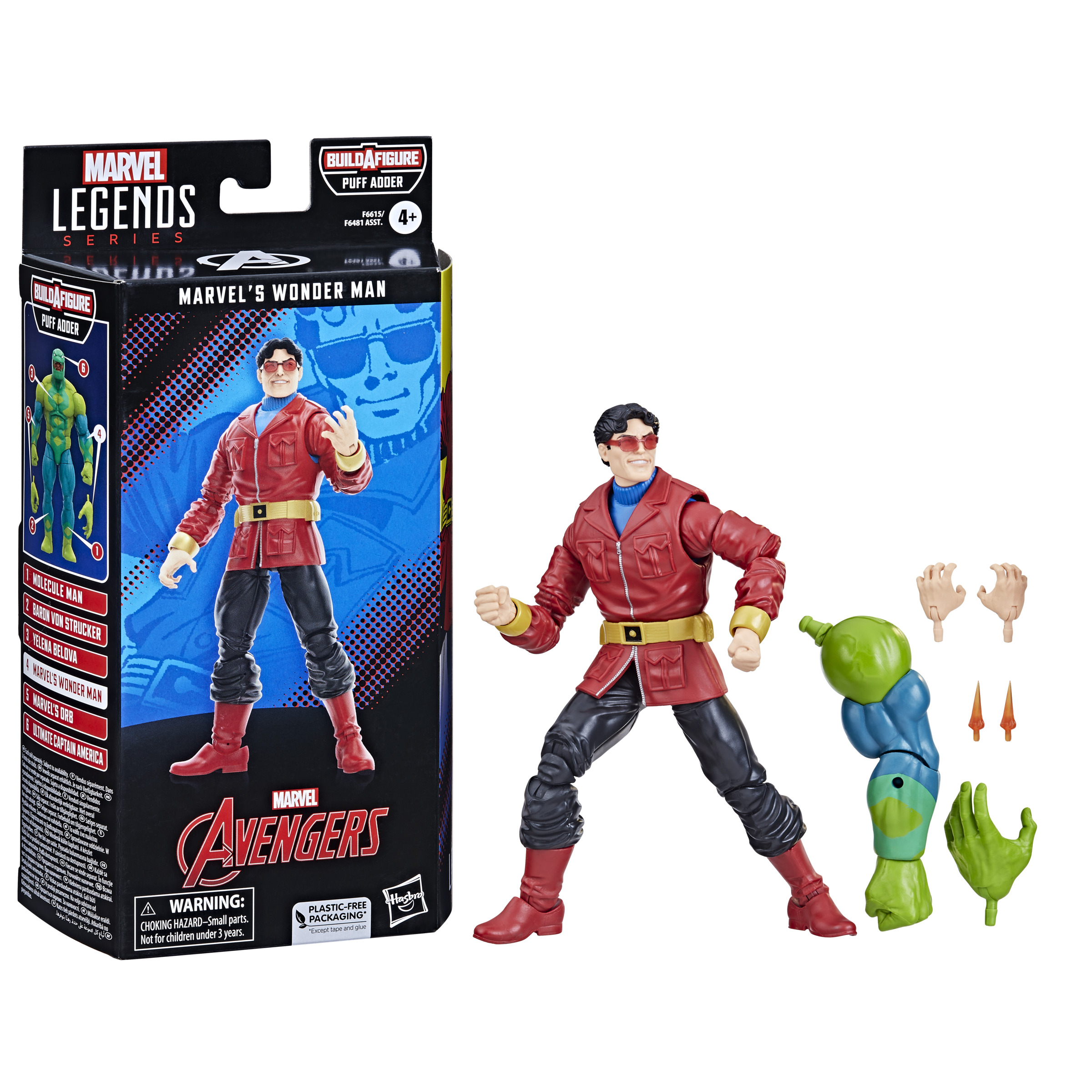 Figura de acción de Wonder Man en caja, con chaqueta roja y pantalones negros, accesorios.