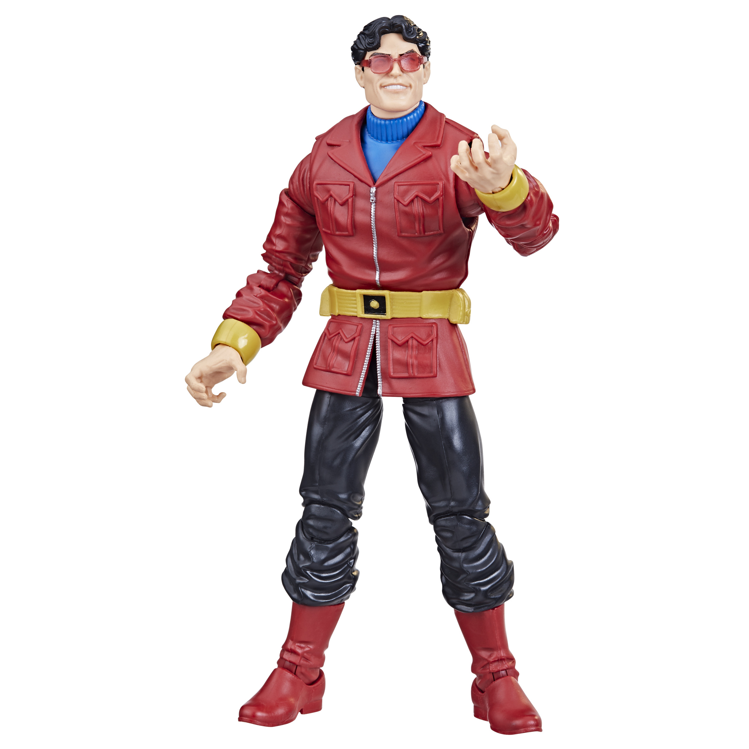 Figura de acción de un hombre con chaqueta roja y pantalones negros, con gafas.
