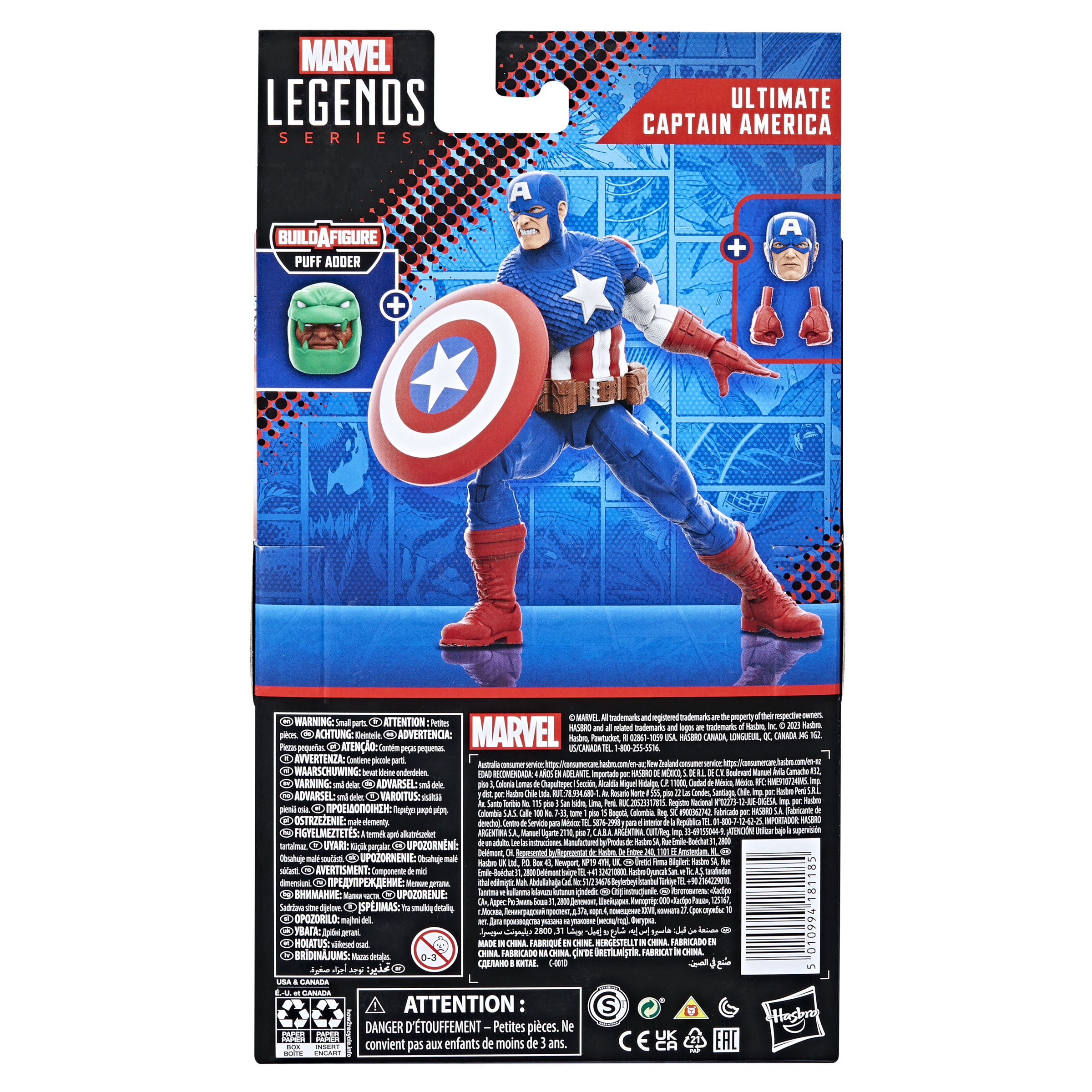 Embalaje de juguete con figura de Capitán América, escudo y piezas adicionales, serie Marvel Legends.