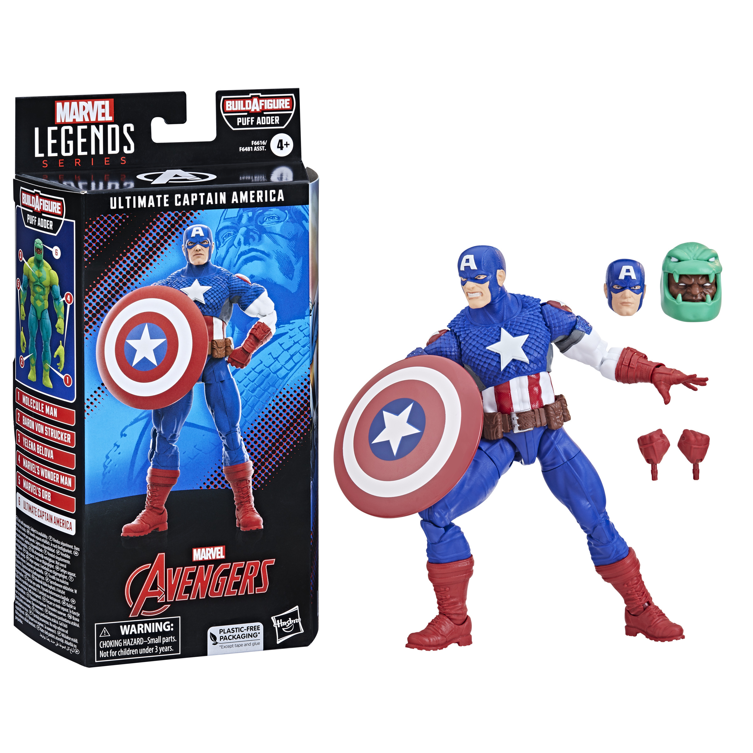 Figura de acción Capitán América con escudo y accesorios, en embalaje.
