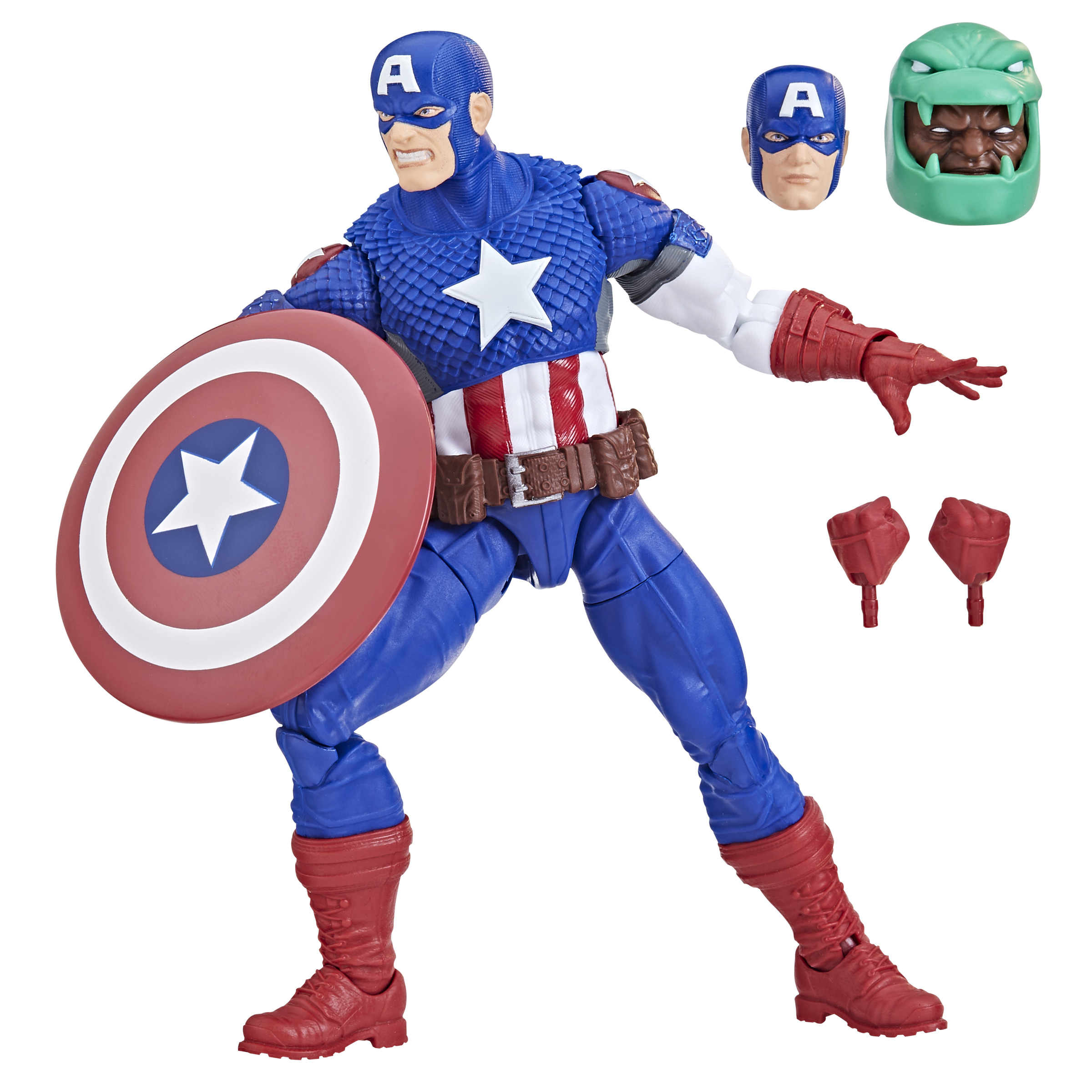 Figura de acción del Capitán América, sosteniendo un escudo. Se incluyen cabezas y manos adicionales.