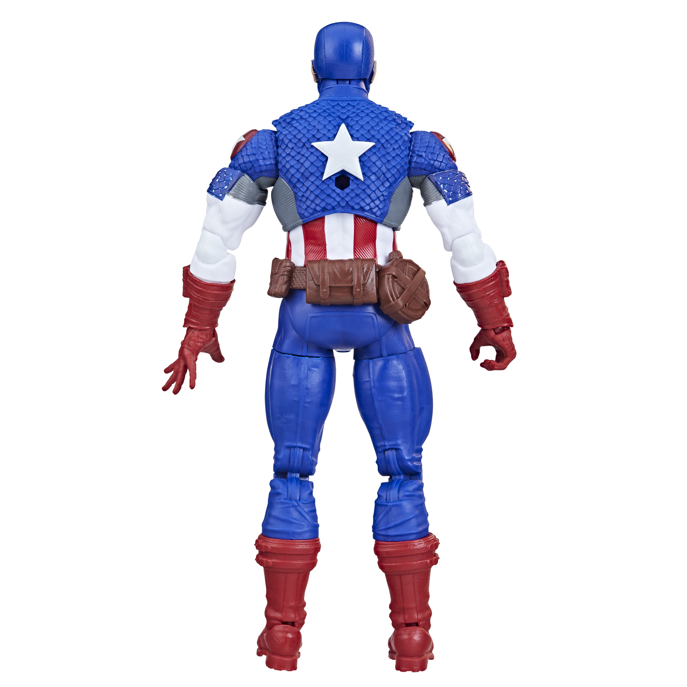 Figura de acción del Capitán América vista trasera. Traje azul, blanco y rojo. Estrella blanca en la espalda.