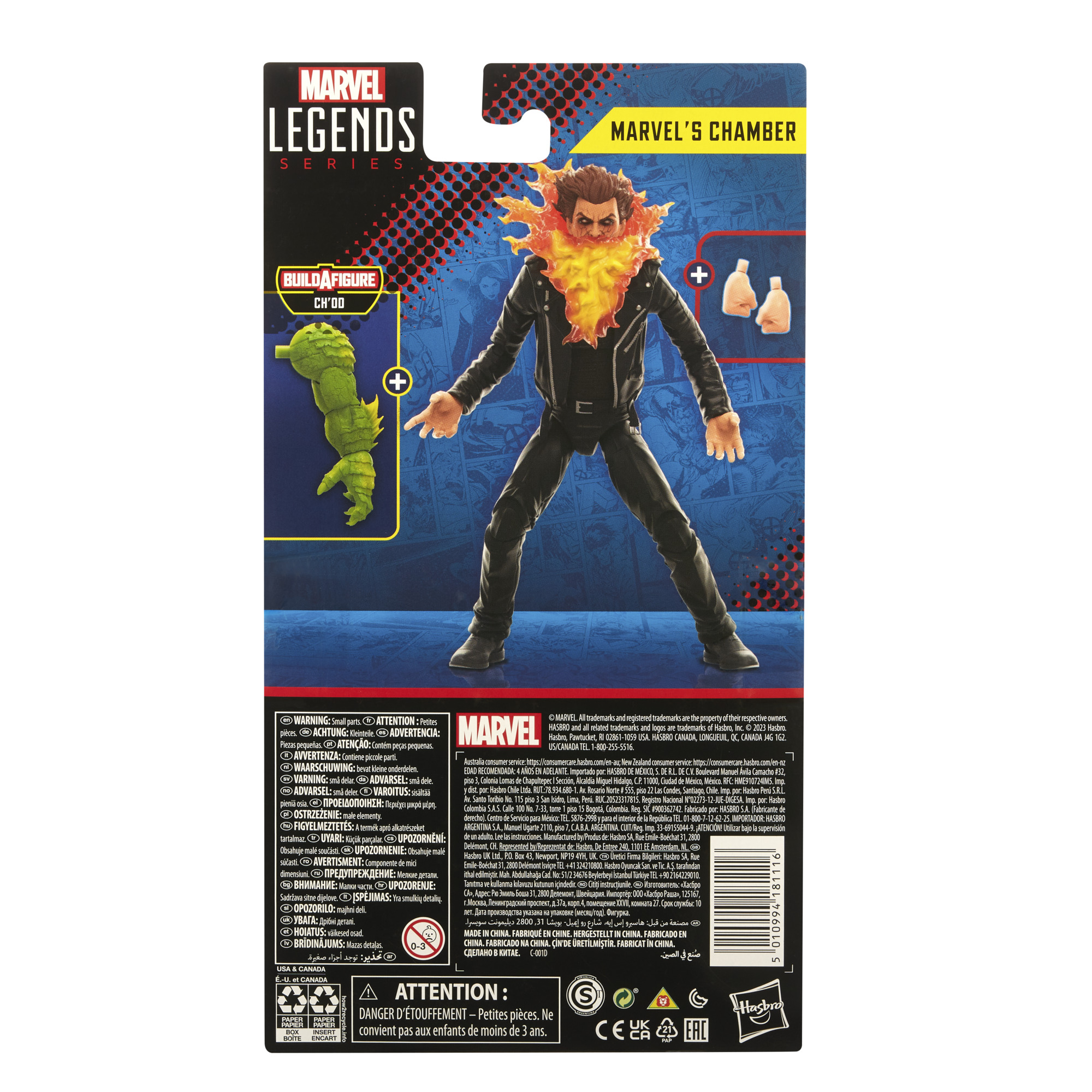 Parte trasera de una caja de figuras de acción de Marvel Legends. Presenta una figura con efectos de fuego.