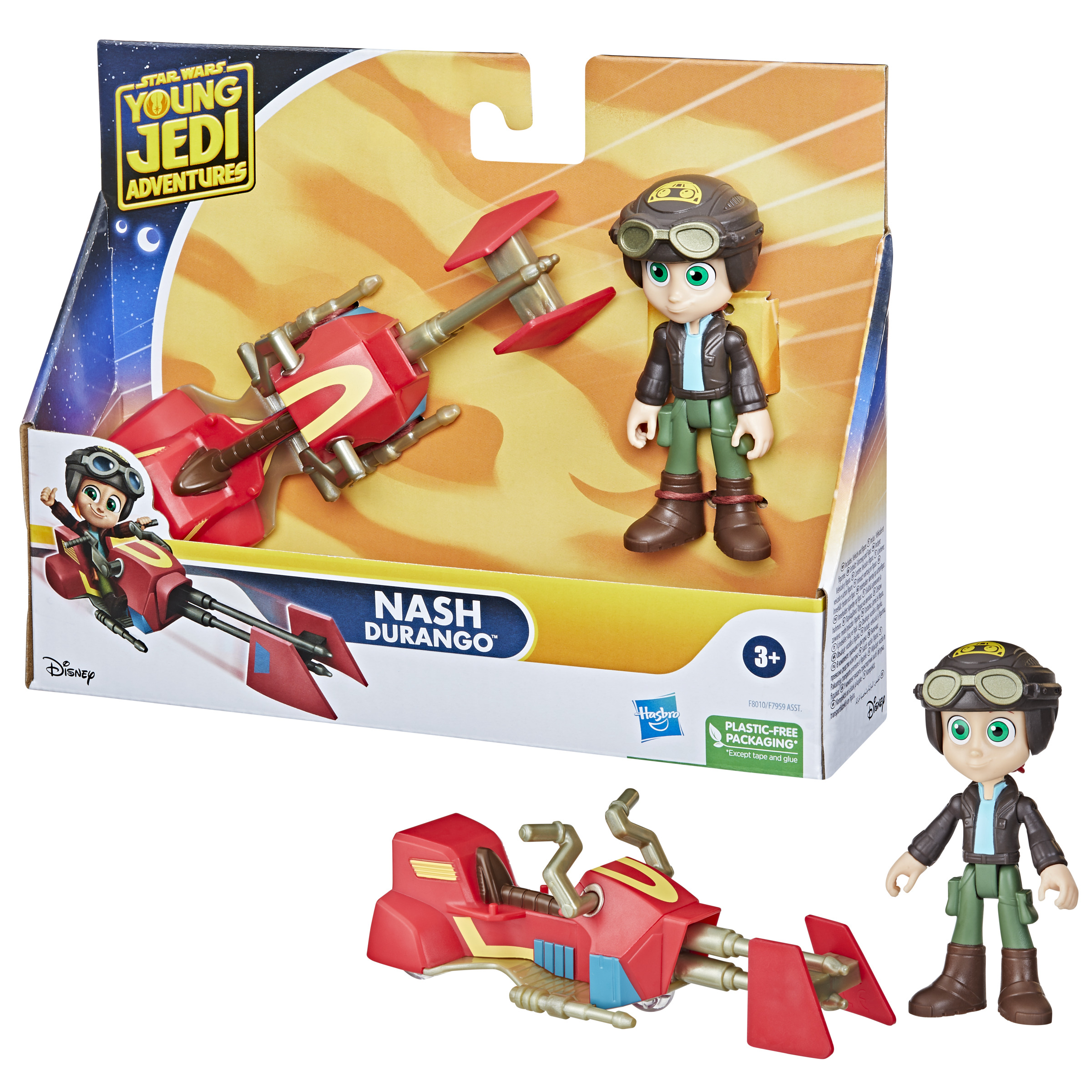 Zestaw zabawek: figurka Nash Durango, czerwony speeder i opakowanie z logo Star Wars.
