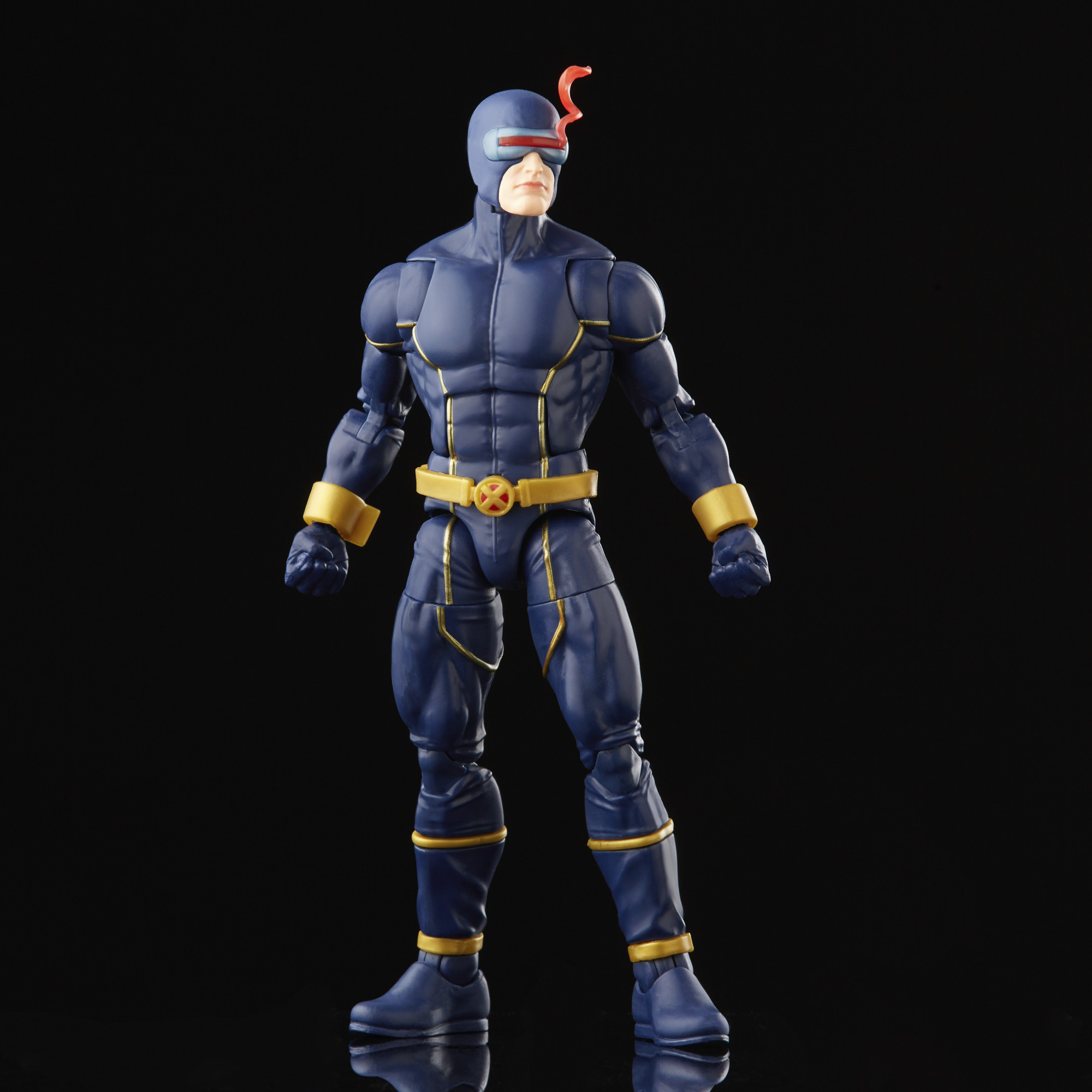 Figura de acción Cíclope con traje azul y dorado sobre fondo negro.