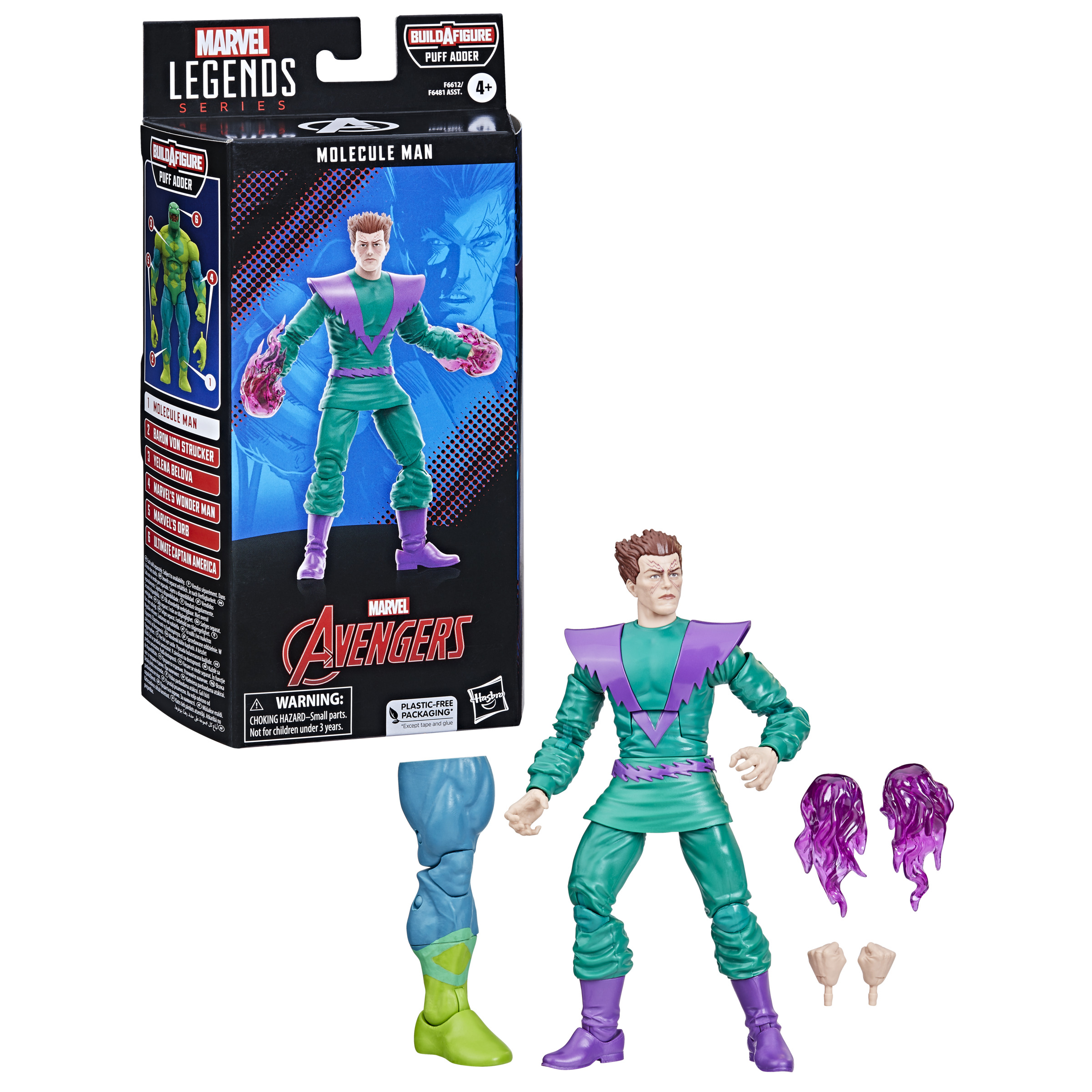 Una figura de acción y caja de Marvel Molecule Man. La figura tiene ropa verde y morada.