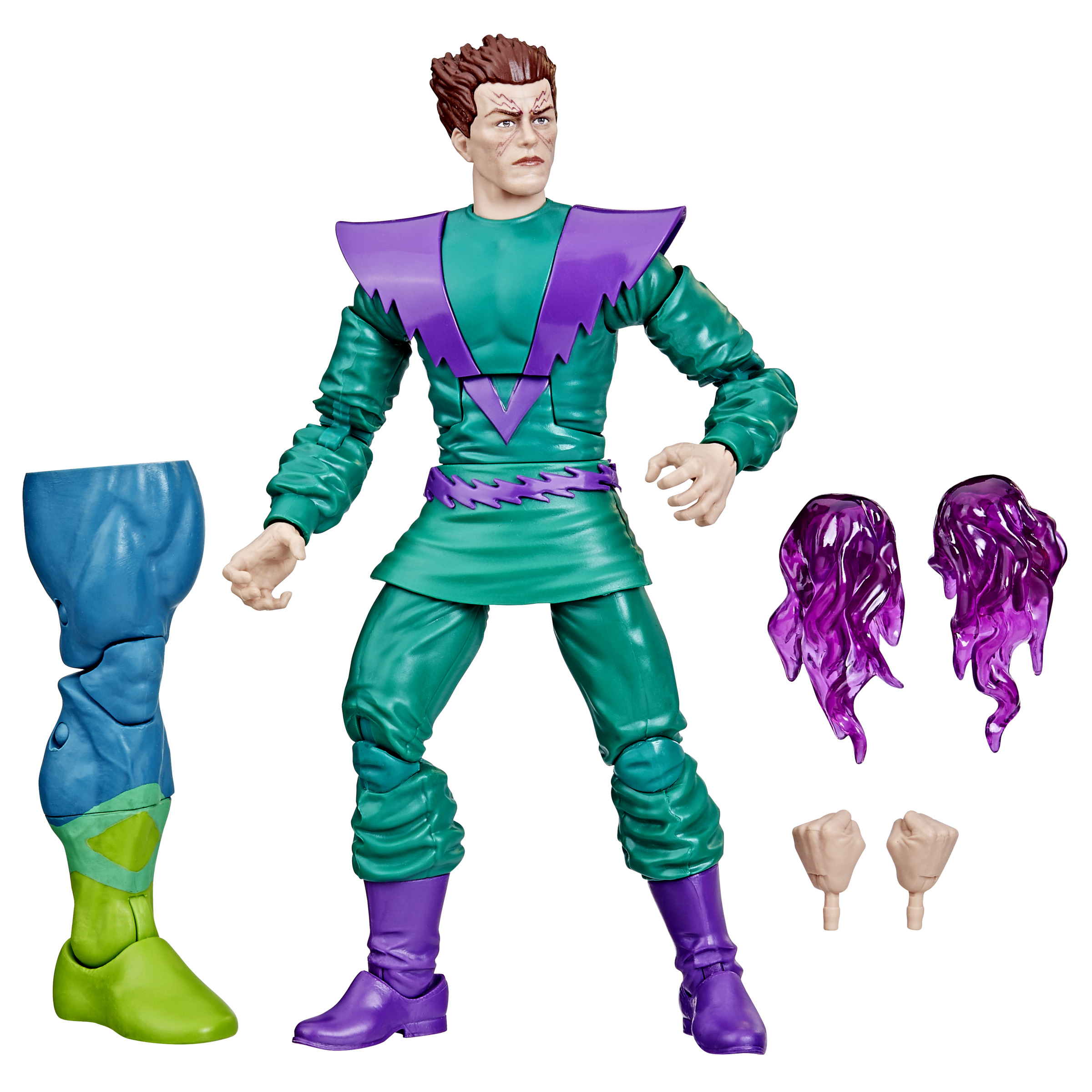 Una figura de juguete de un hombre en verde y morado, con extremidades adicionales y efectos de energía.