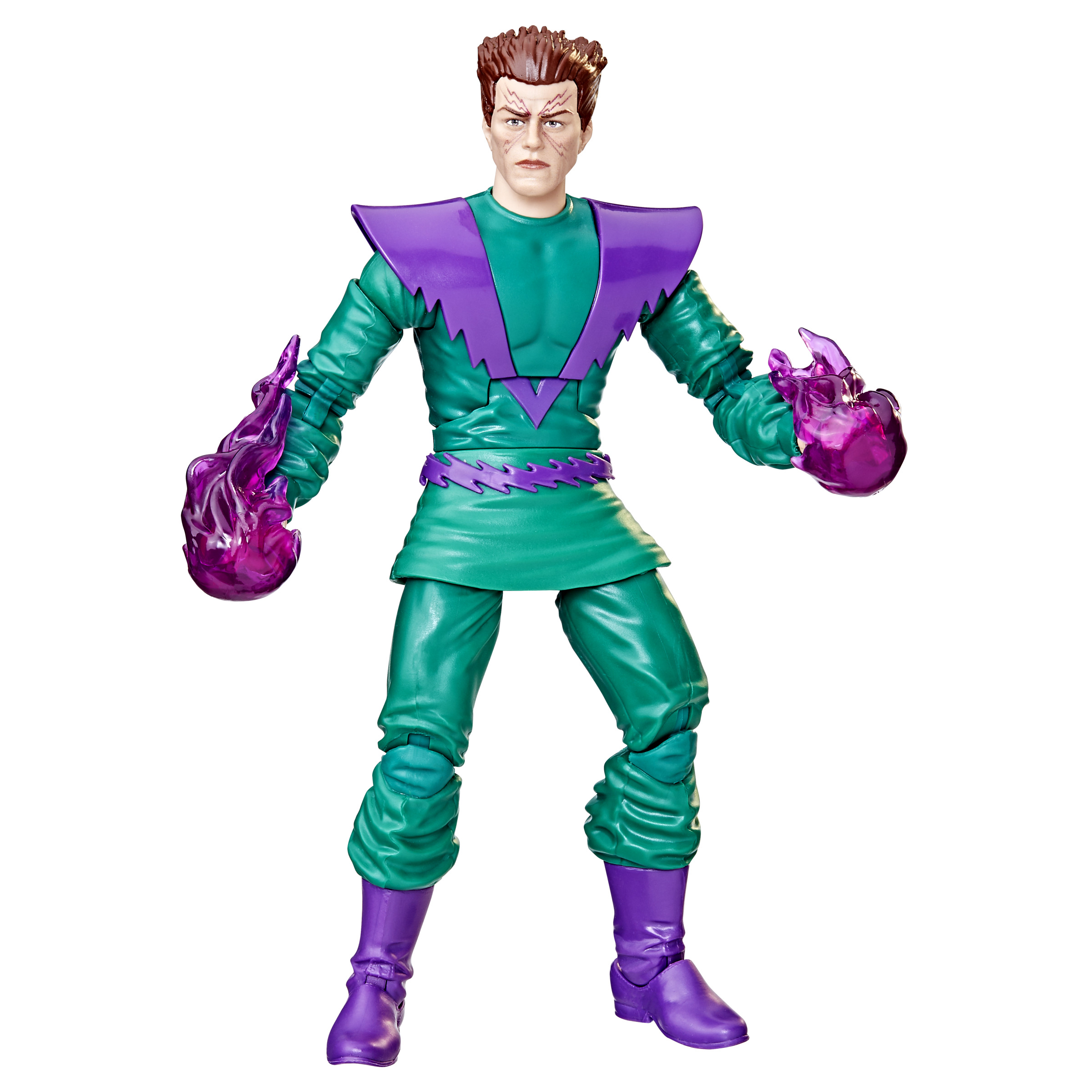 Figura de acción de un superhéroe con un traje verde y morado con efectos de energía.