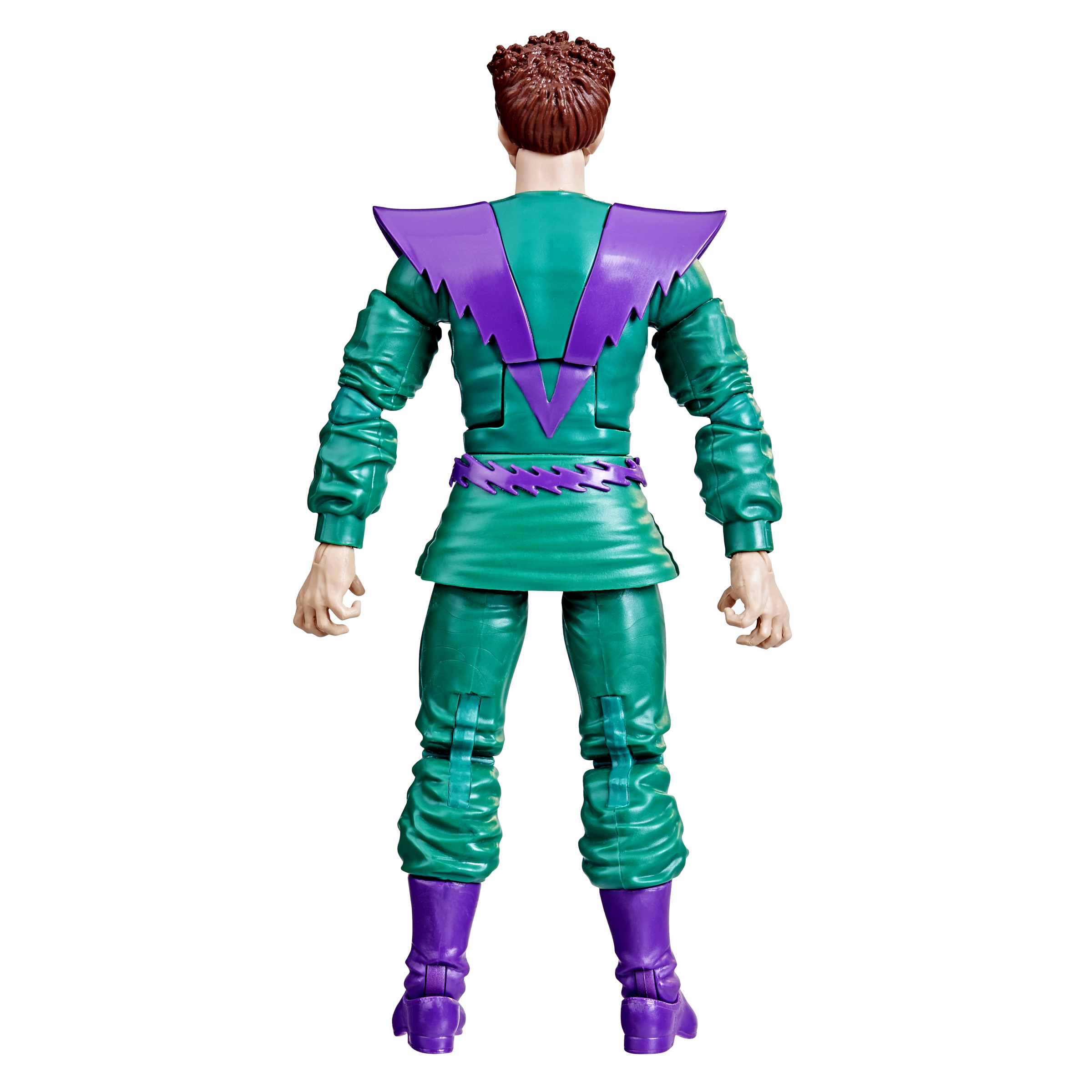 Figura de acción, vista trasera, traje verde y morado con pelo rojo, pose de pie.