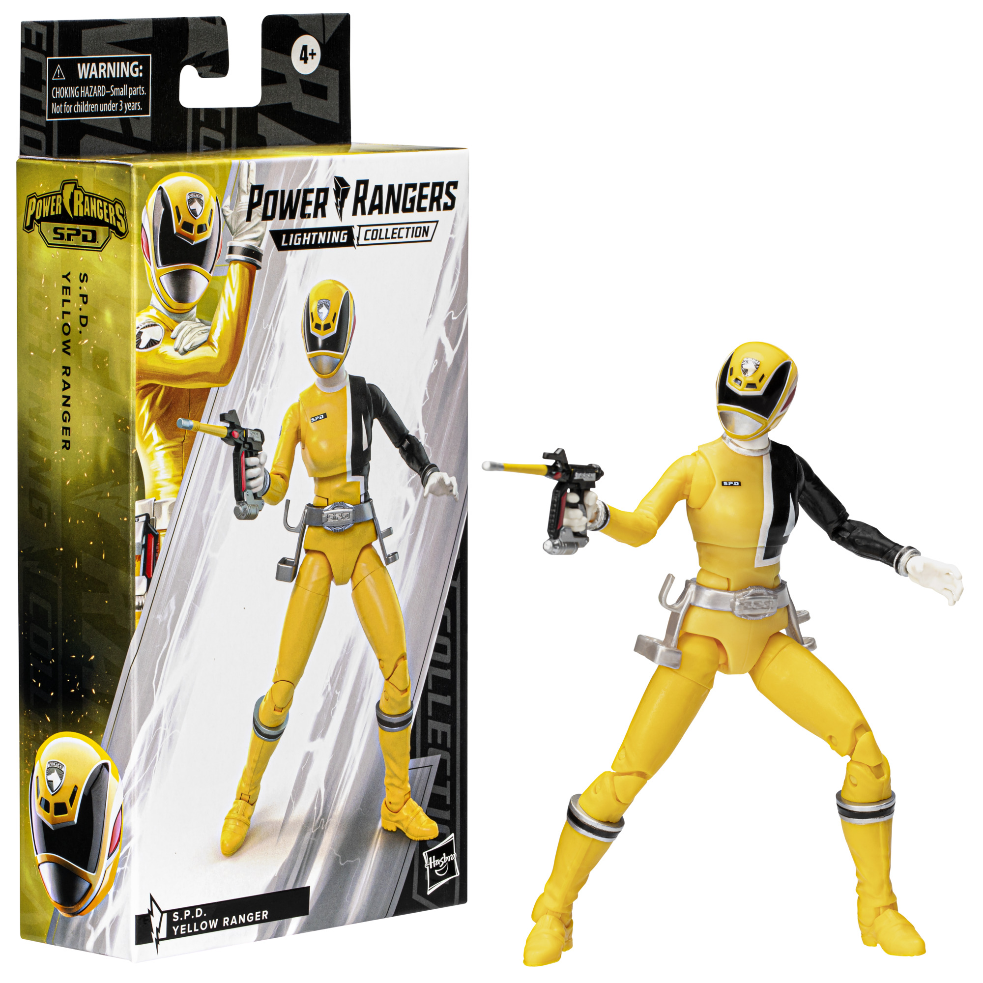 Dos imágenes de la figura de acción del ranger amarillo de los Power Rangers en una caja y fuera de ella.
