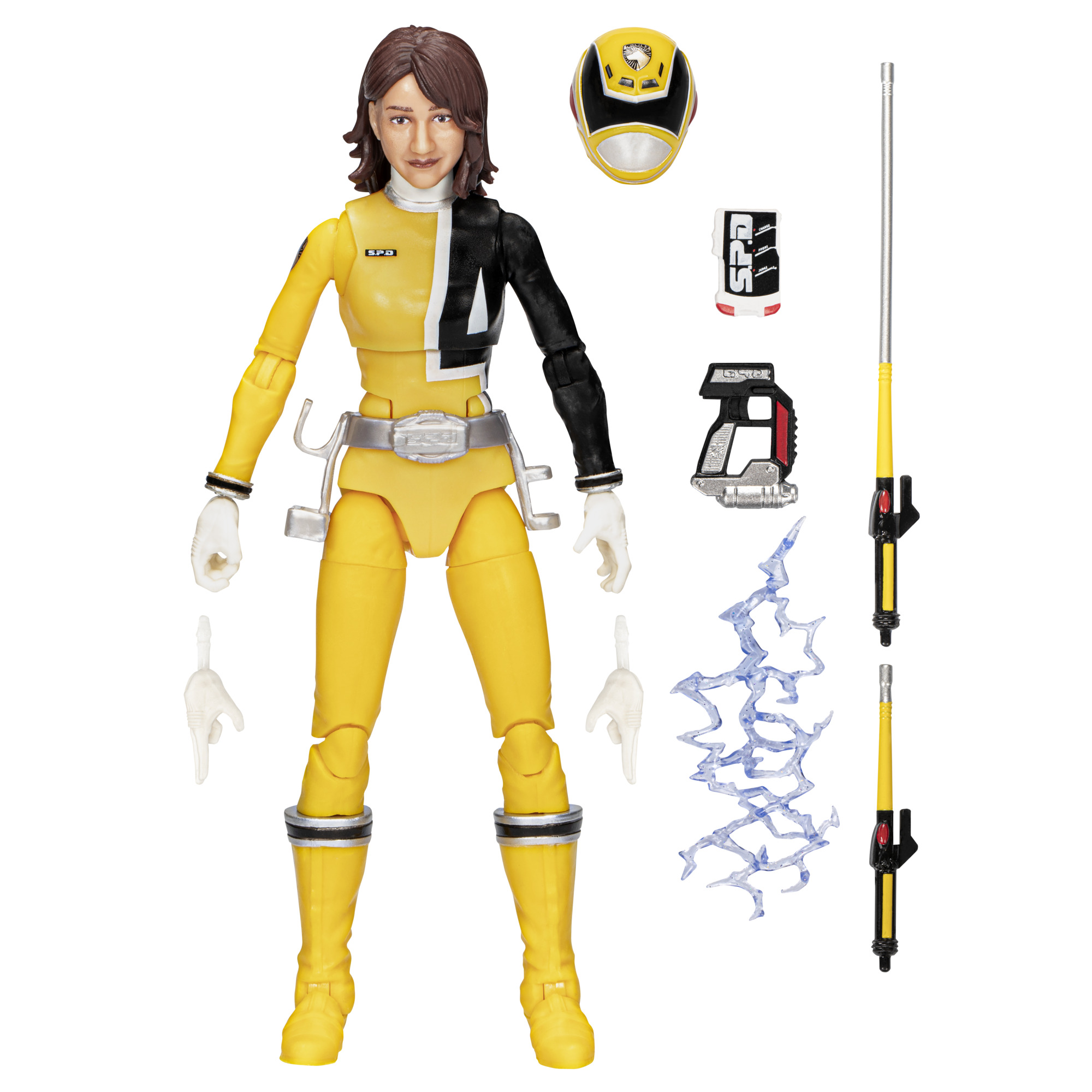 Una figura de acción amarilla de Power Ranger con accesorios. La figura está en una postura. Incluye casco.