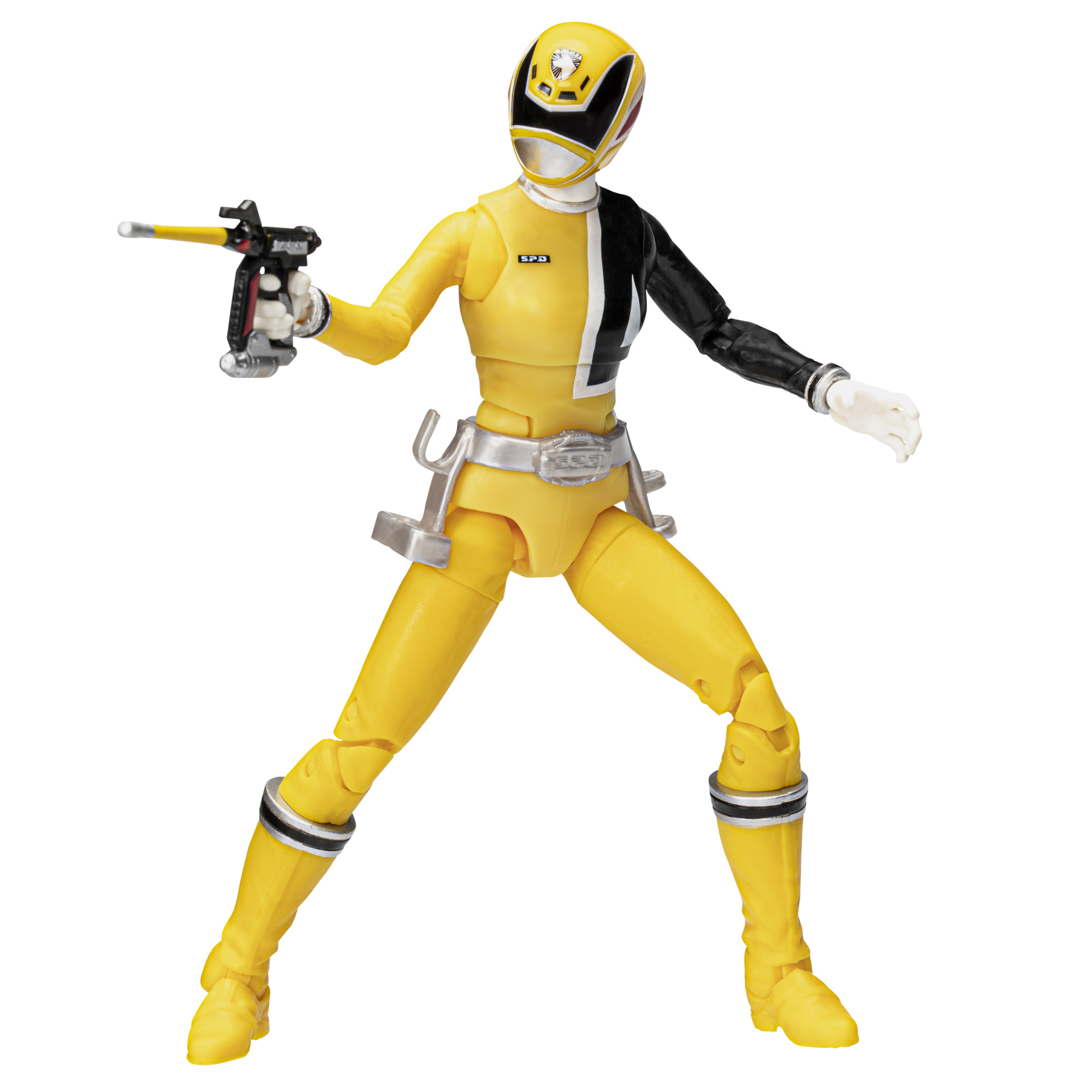 Figura de acción del Power Ranger amarillo sosteniendo una pistola. Traje negro parcial, cinturón plateado y guantes blancos.