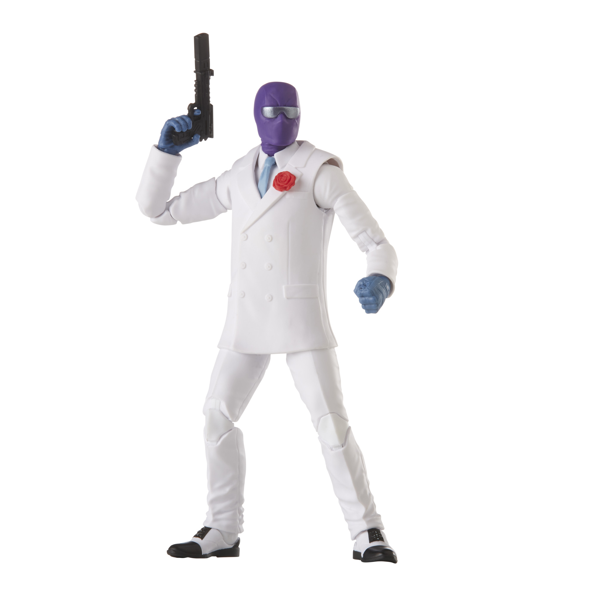 Figurka mężczyzny w białym garniturze i fioletowej masce trzymającego pistolet.