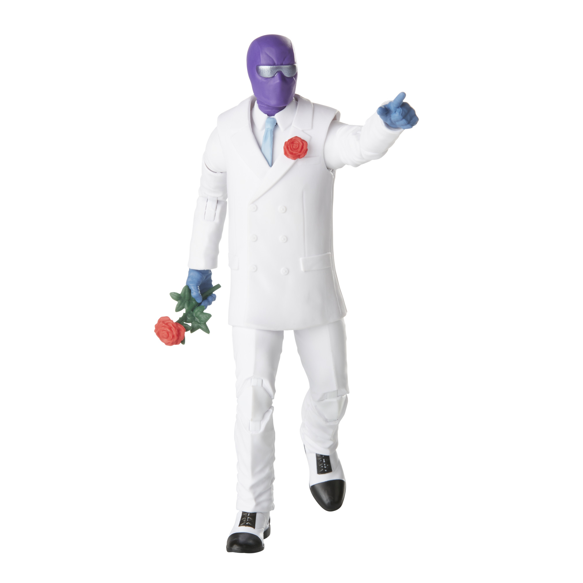 Fioletowa figurka w masce w białym garniturze, trzymająca różę.