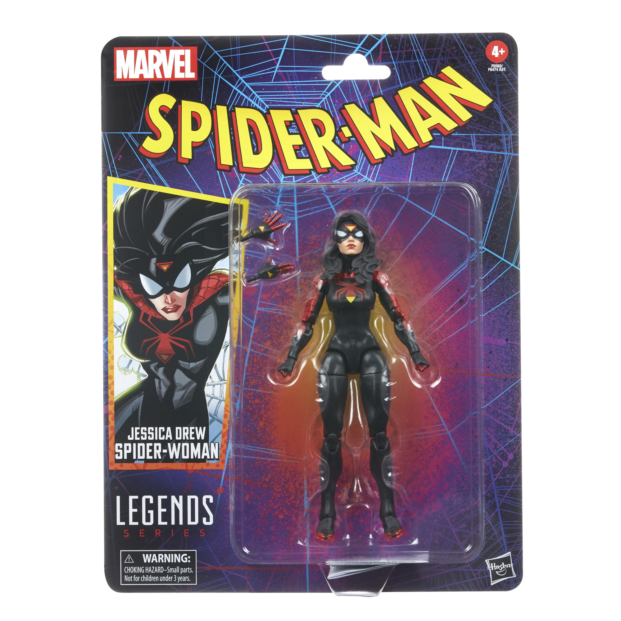 Figura de acción de Spider-Woman en un blíster. La figura es negra y roja, con pelo largo y negro.