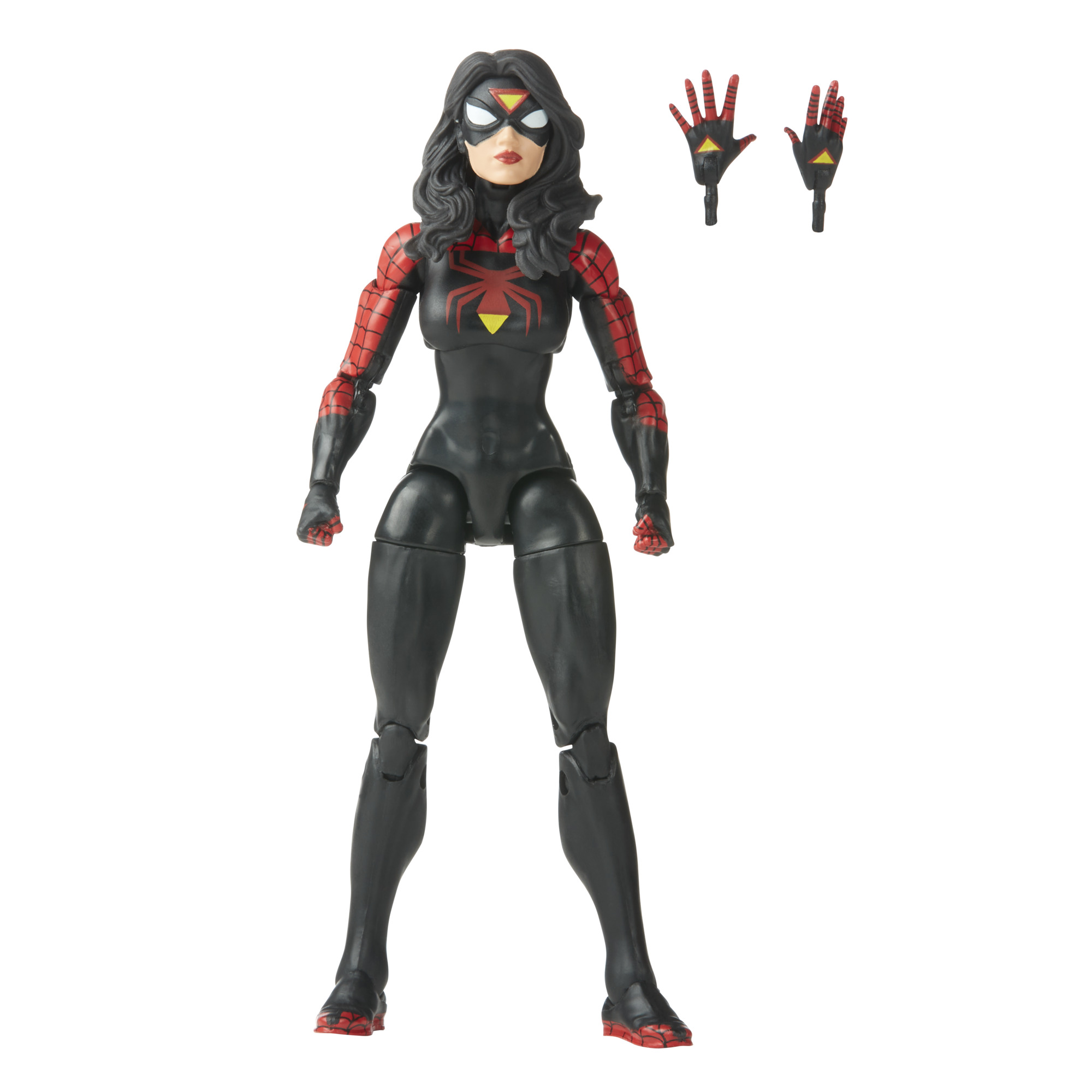 Figura de acción de Spider-Woman con traje negro y rojo, con manos extra. Tiene pelo largo y negro.