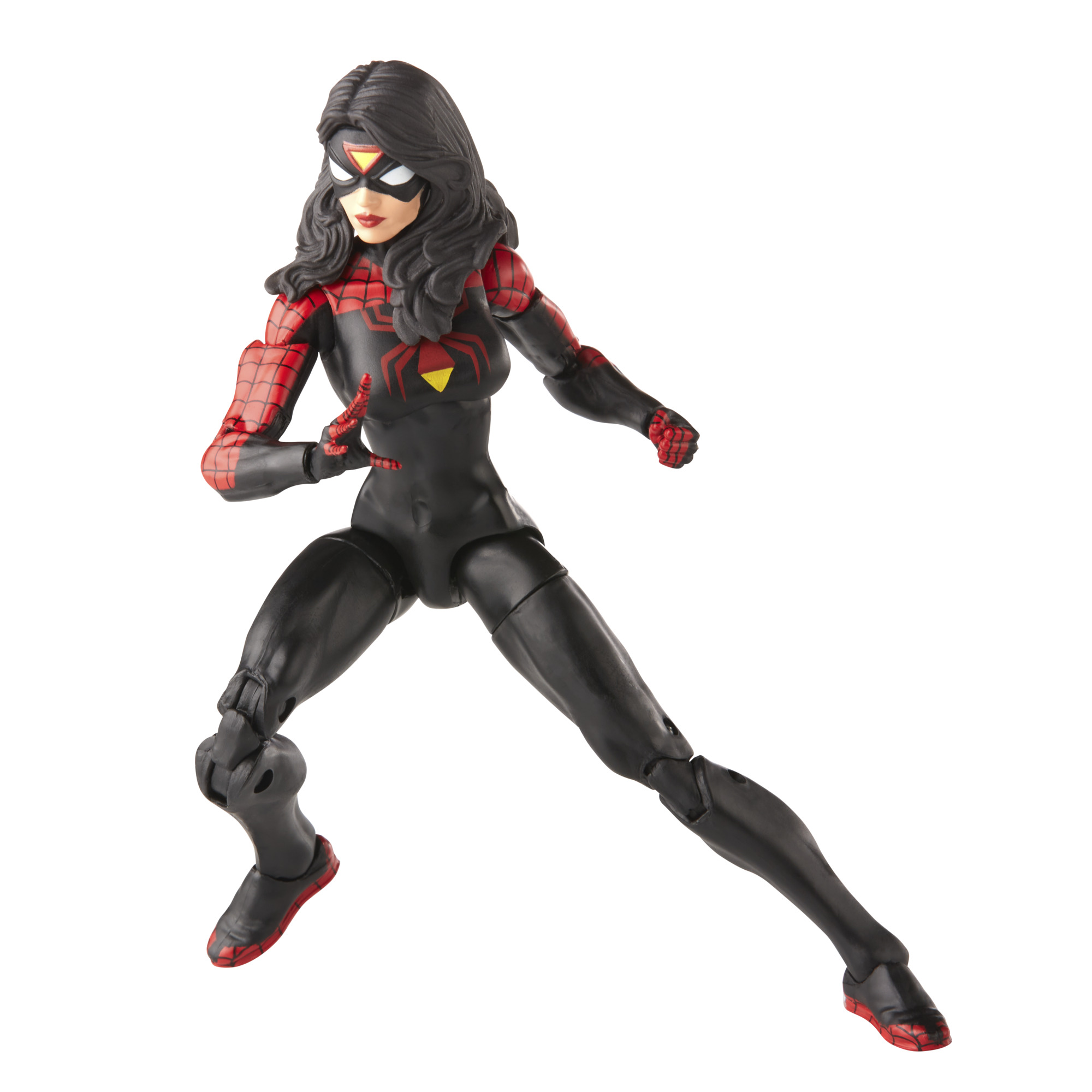 Figura de acción de Spider-Woman en pose dinámica, traje negro con detalles rojos y máscara, fondo blanco.