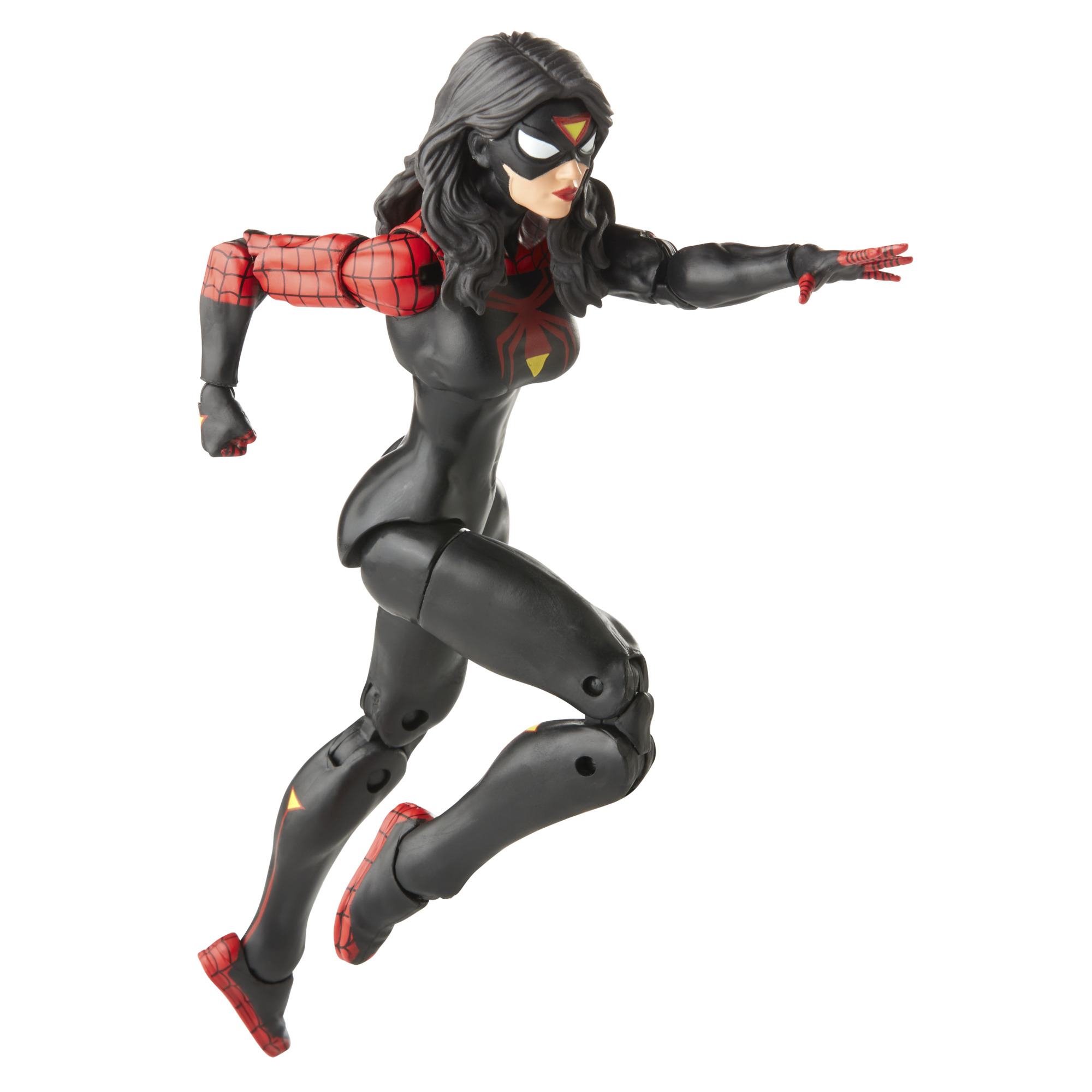 Figura de acción de Spider-Woman con traje negro y rojo, en pose de carrera, fondo blanco.