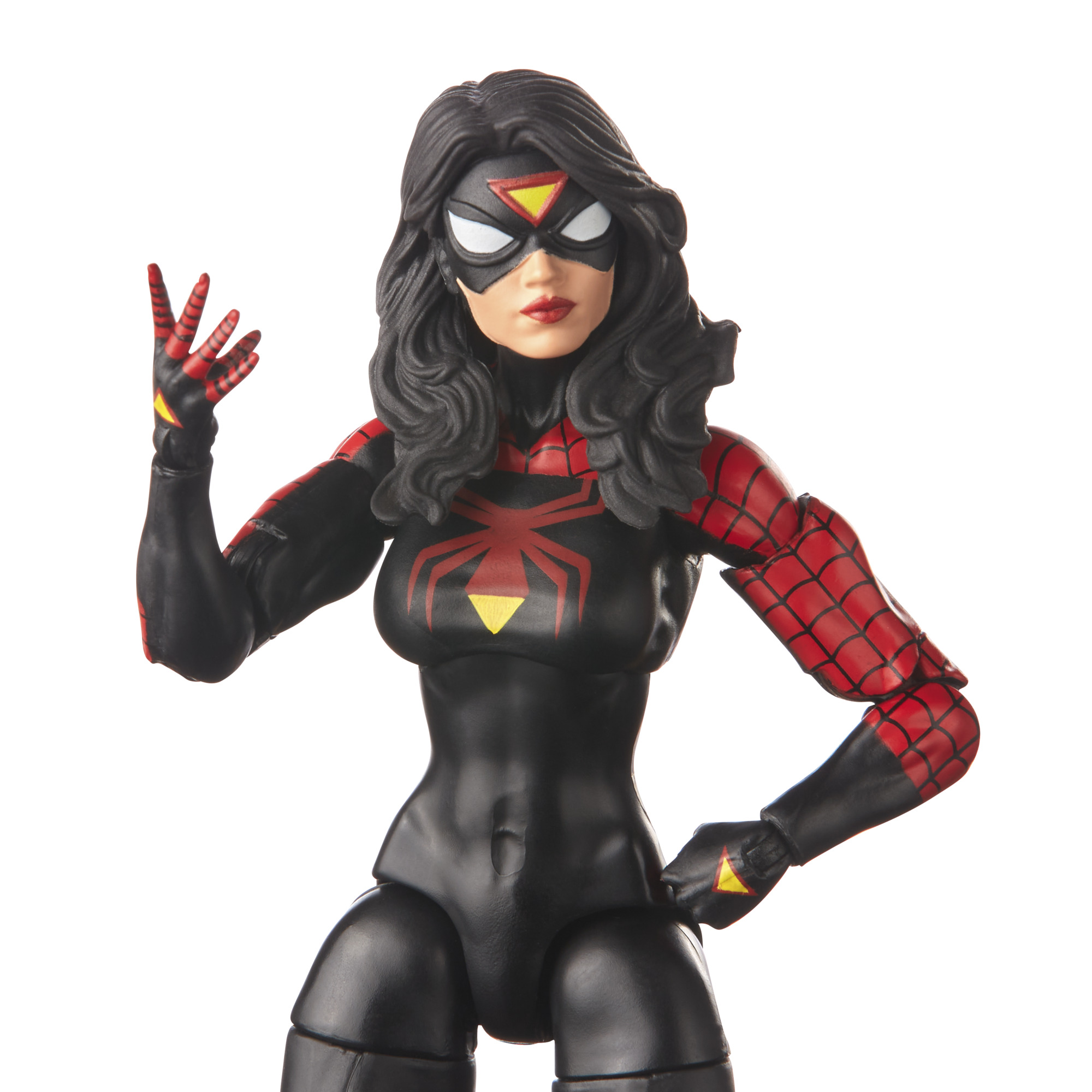 Figura de Spider-Woman con traje negro, detalles rojos y brazos con telarañas. Posando con la mano levantada. Fondo blanco.