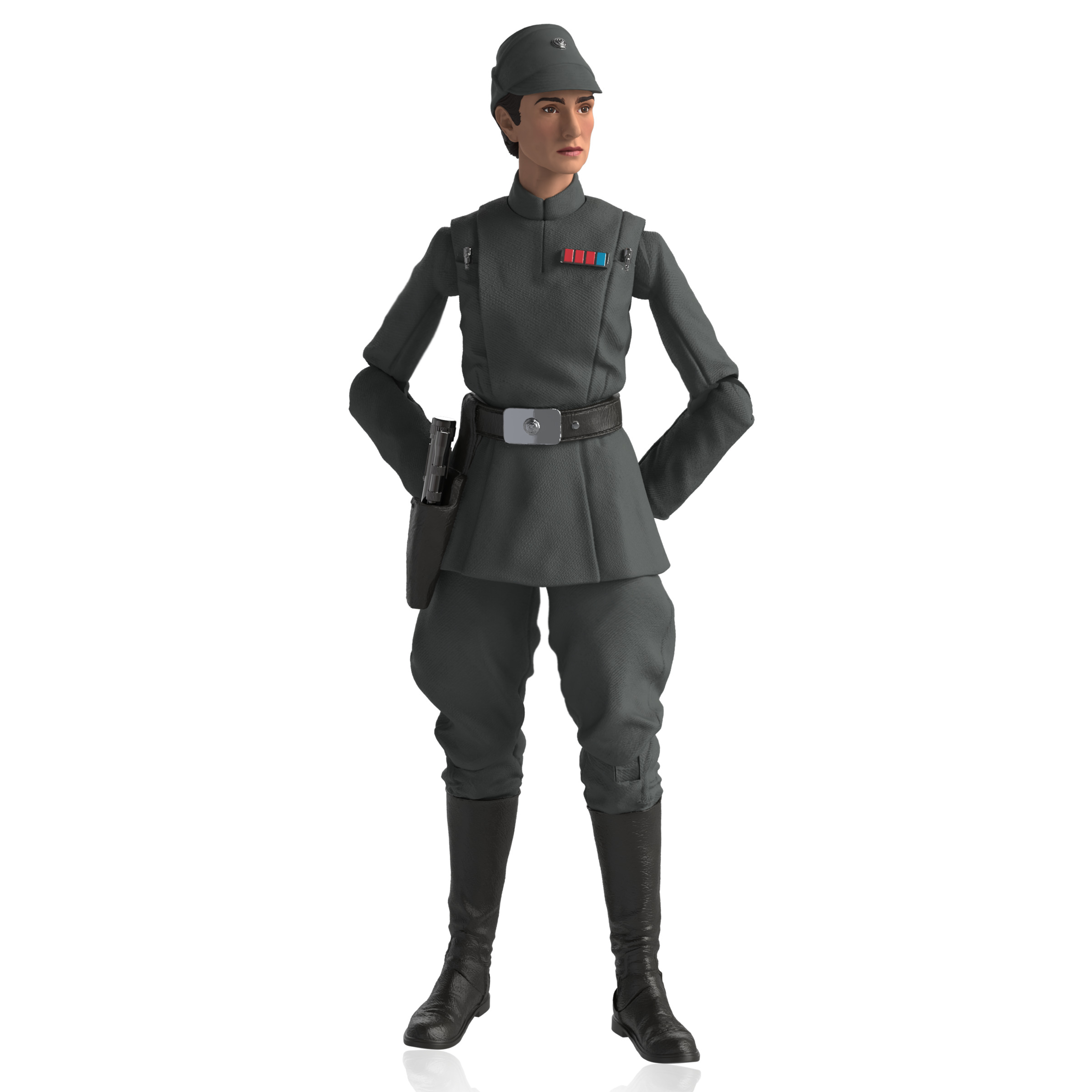 Una figura de acción de oficial imperial femenina con uniforme gris y botas negras.