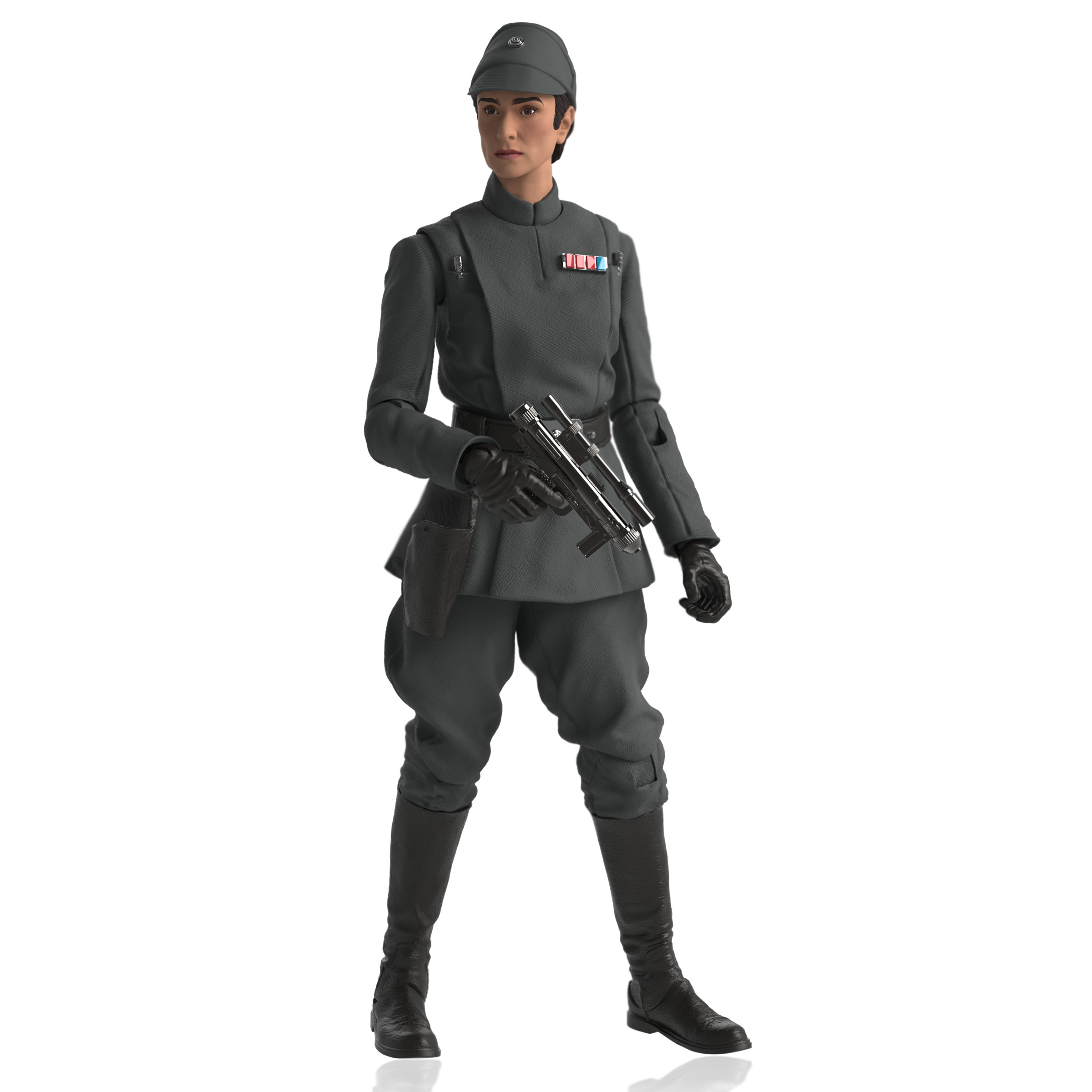Figura de acción de Star Wars de una mujer con uniforme gris oscuro y una pistola.