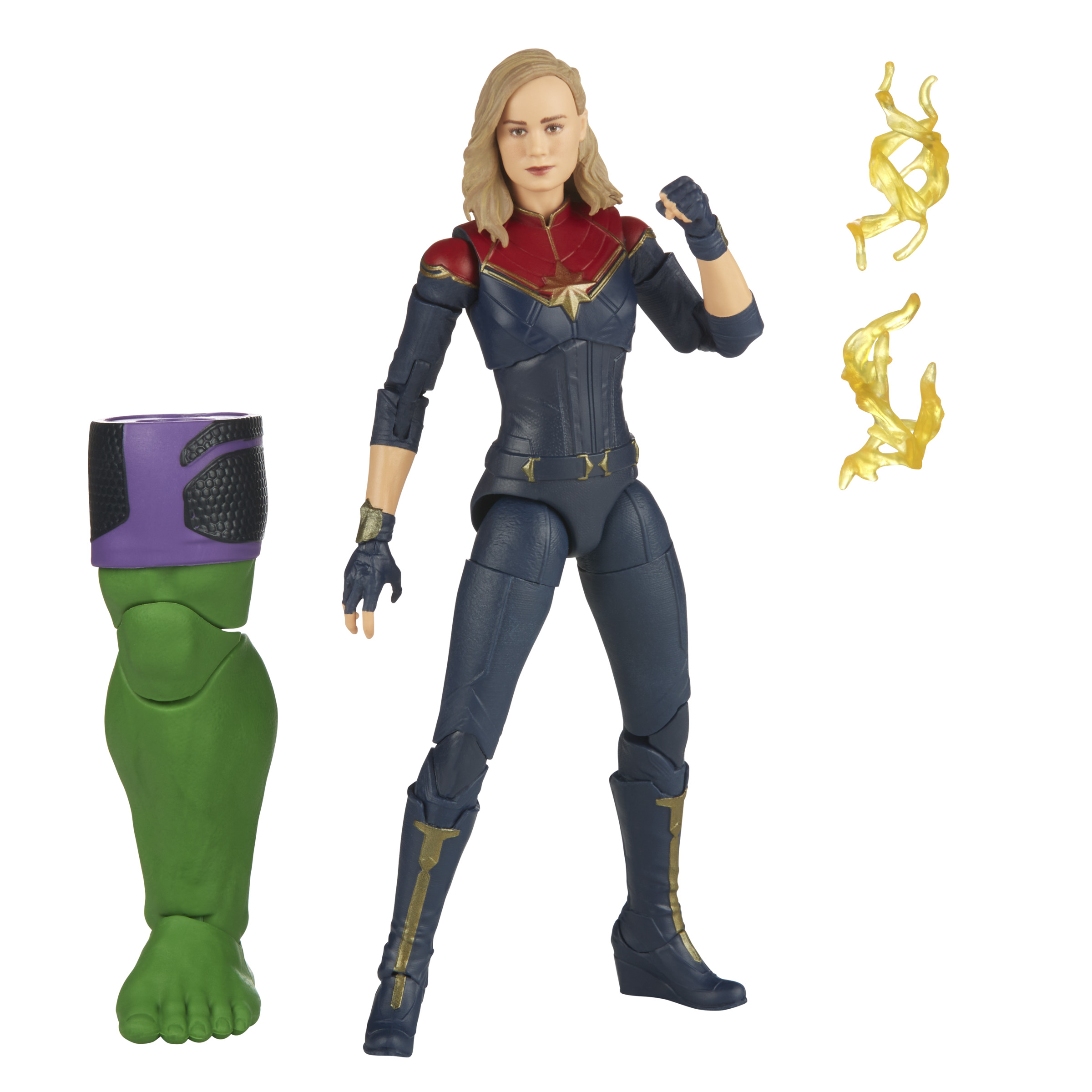Figura de acción de Capitana Marvel. Traje azul, rojo y dorado, con una pierna verde y dos explosiones de energía.