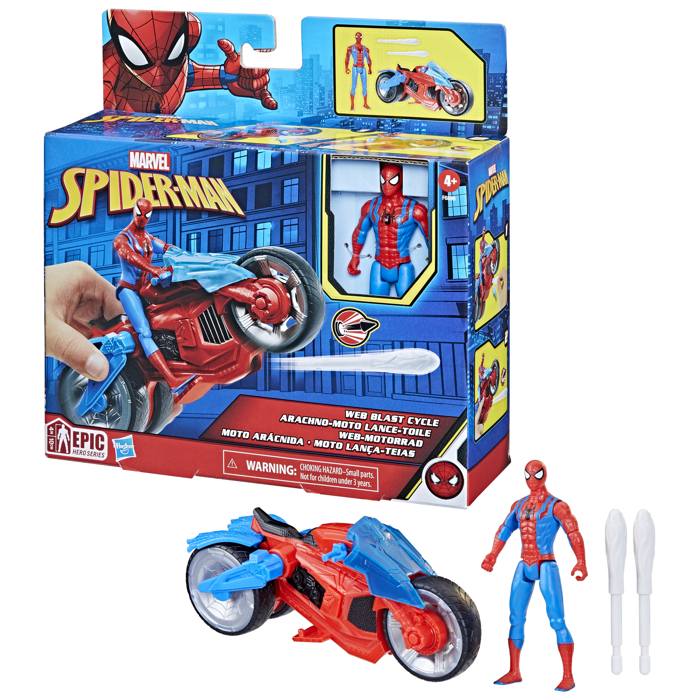 Zestaw zabawek Marvel Spider-Man z Spider-Manem na niebiesko-czerwonym motocyklu. Pudełko pokazuje obrazy.
