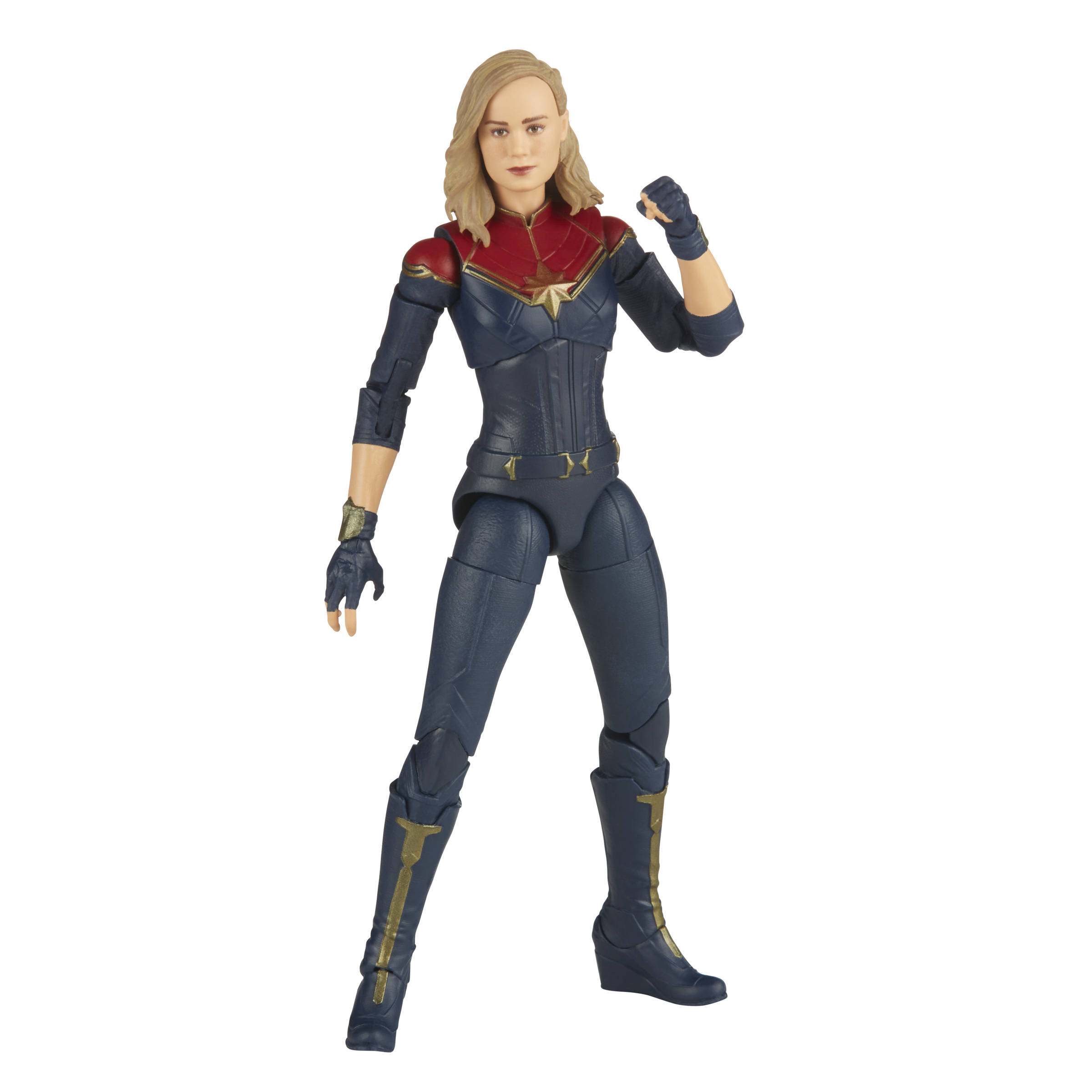 Figura de acción de Capitana Marvel. Traje azul marino con detalles rojos y dorados. Posando.