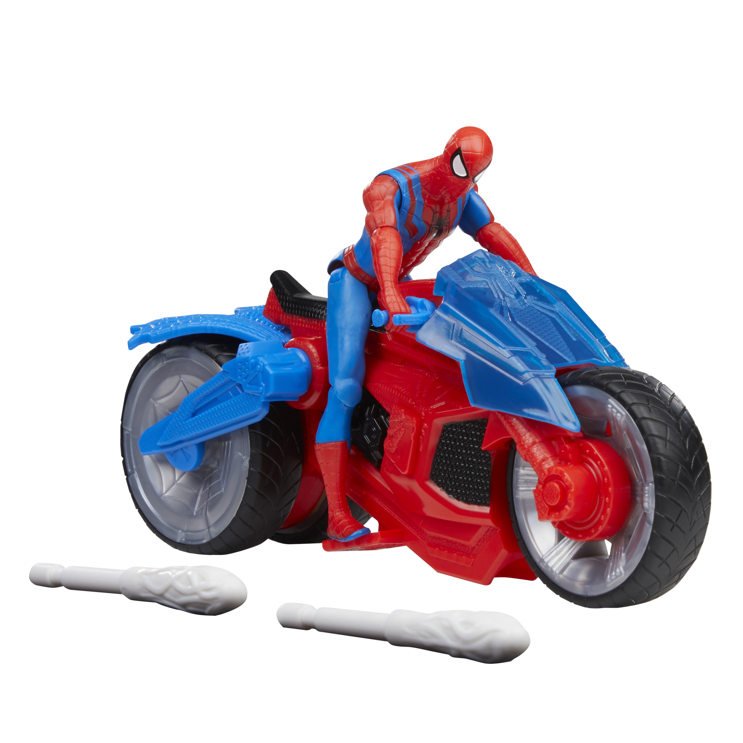 Figurka Spider-Mana na czerwono-niebieskim motocyklu. Dwa białe akcesoria z pajęczyny leżą na ziemi.