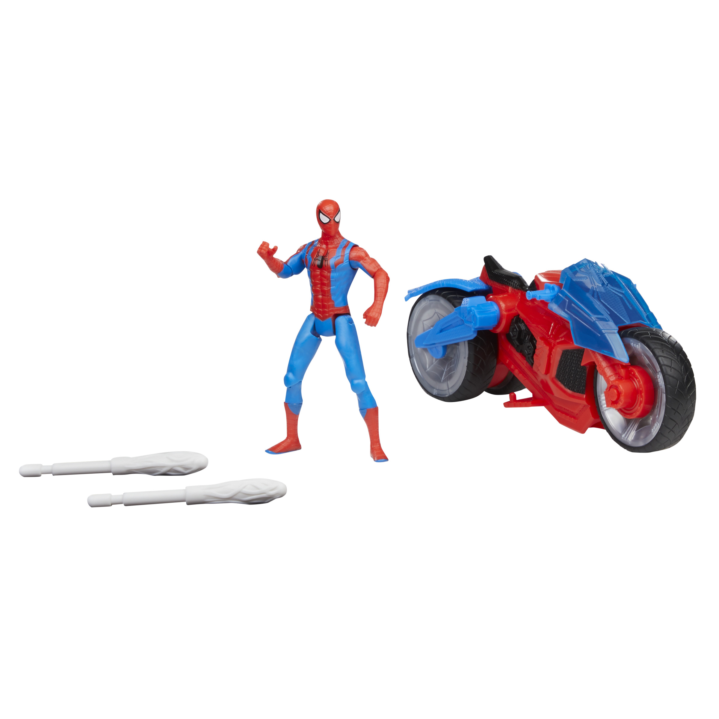 Figurka Spider-Man z motocyklem i wyrzutniami pajęczyny.
