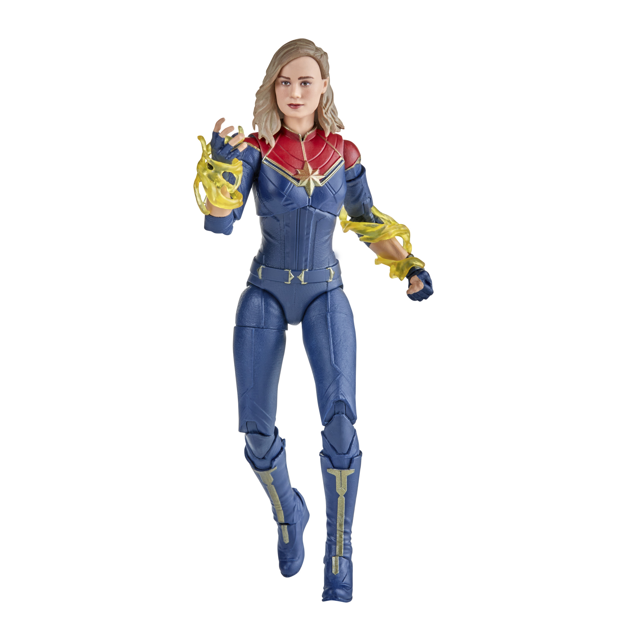 Figura de acción de Capitana Marvel, traje azul con detalles dorados, energía amarilla, fondo blanco.