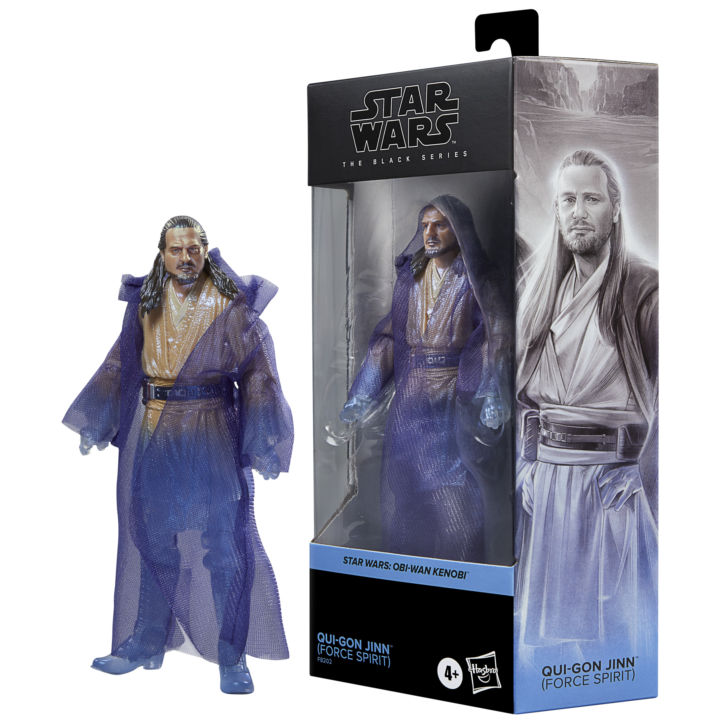 Una figura de acción de Star Wars Qui-Gon Jinn en una caja.