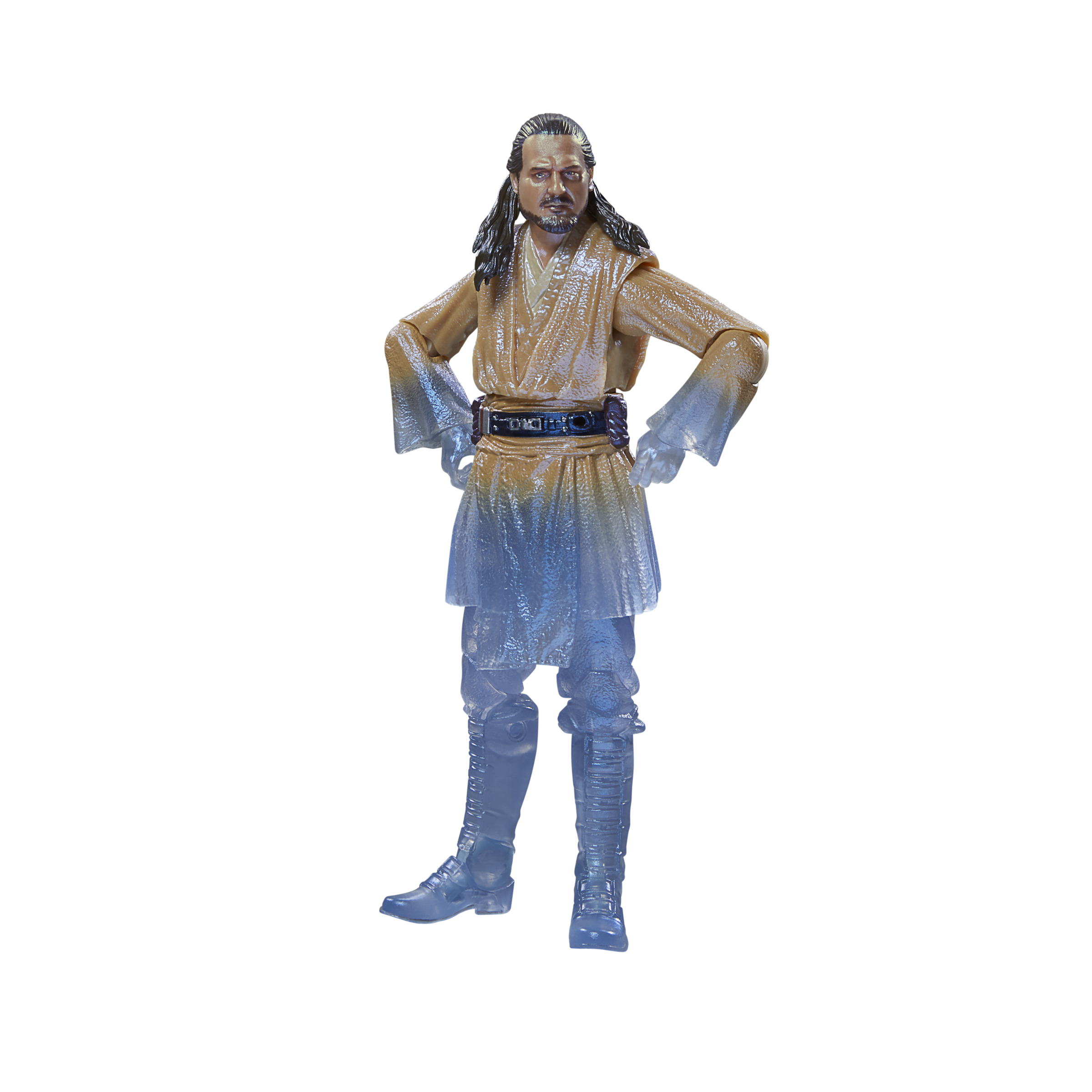 Figura de juguete de un personaje de Star Wars con pelo largo y túnica beige.