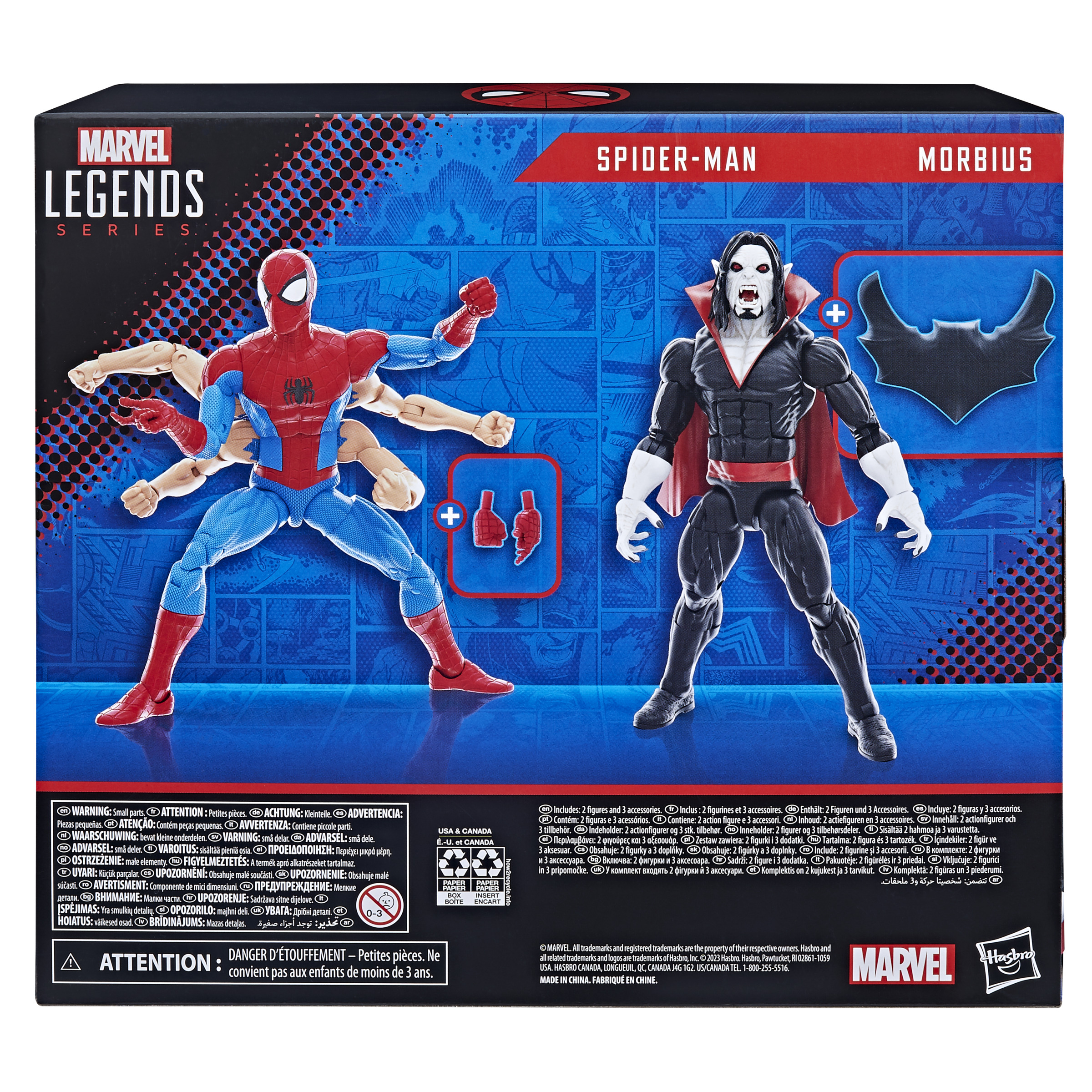 Tył opakowania z zabawkami Marvel Legends, figurki Spider-Mana i Morbiusa.