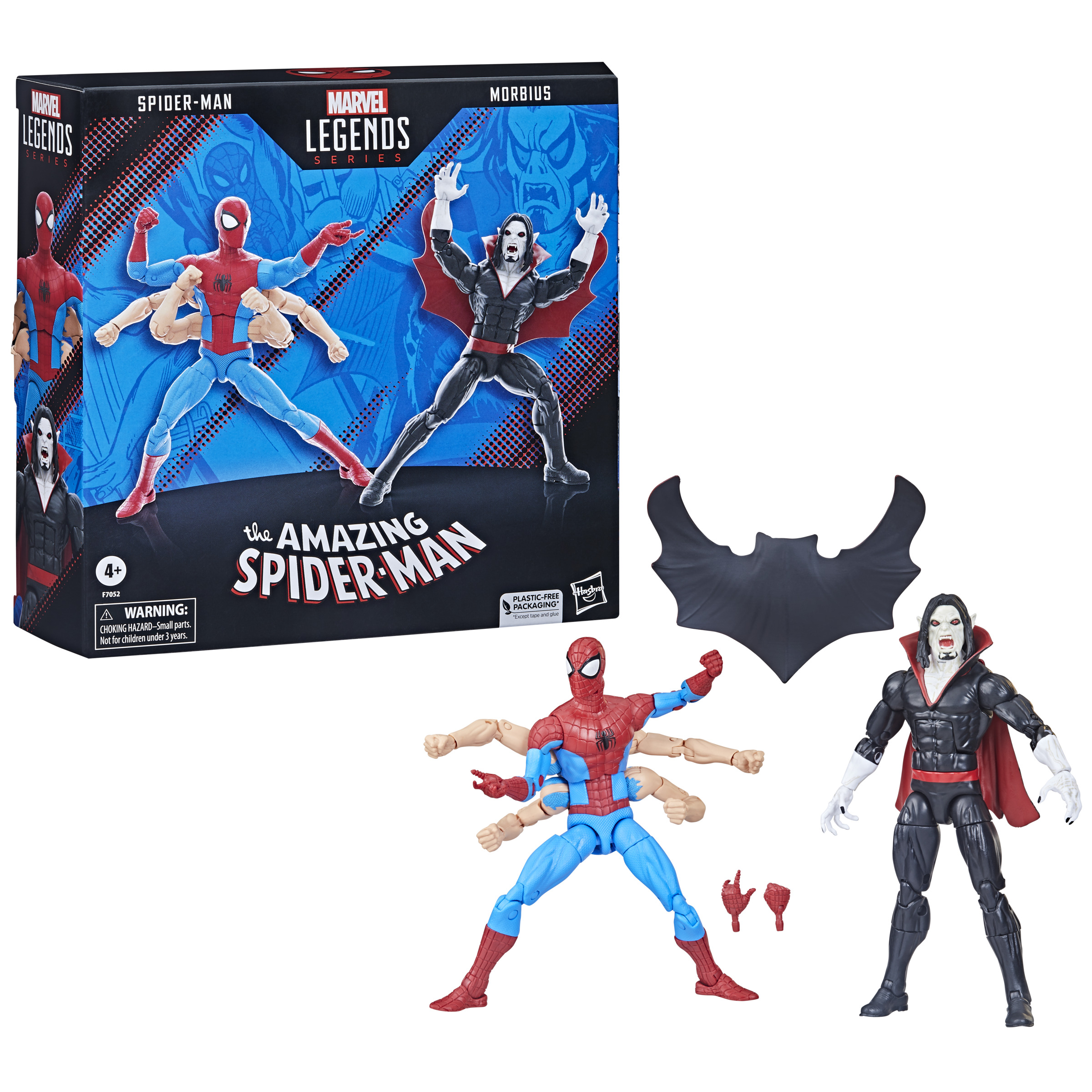 Zestaw zabawek Marvel Legends Spider-Man i Morbius. Pudełko pokazuje postacie, a zabawki są na zewnątrz.