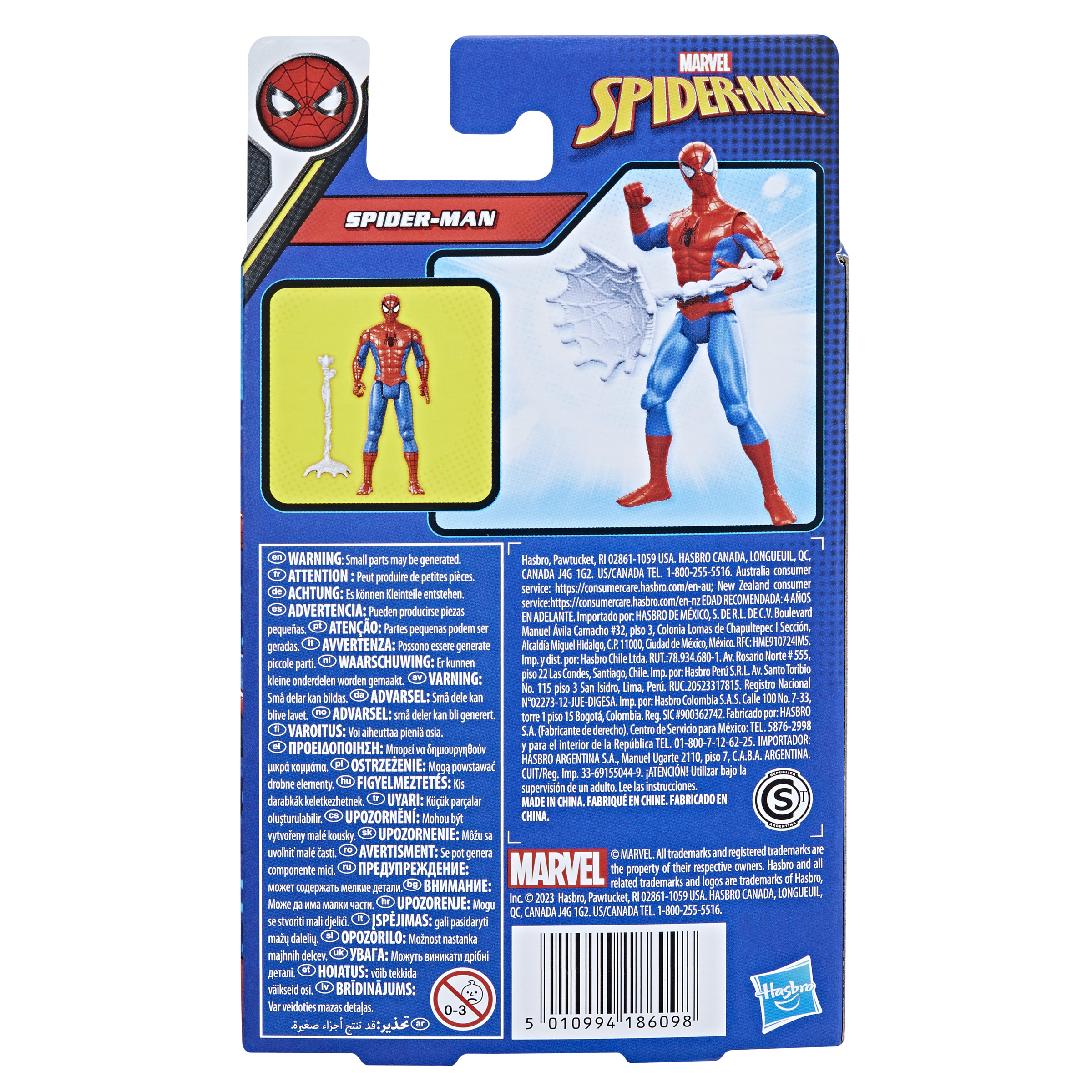 Parte trasera de una caja de figura de acción de Spider-Man. Muestra la figura e información.