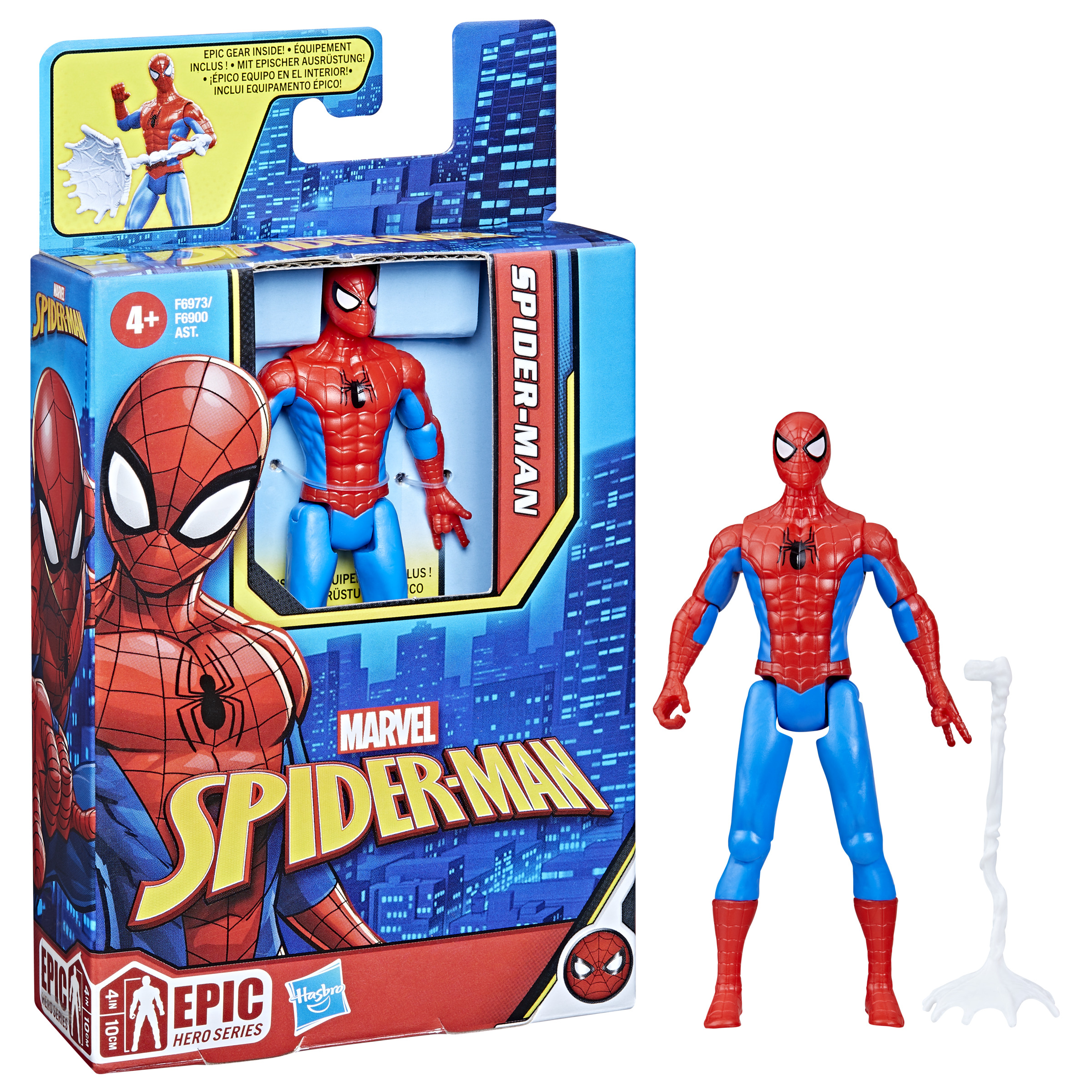 Figura de acción de Spider-Man y caja. Traje rojo y azul, soporte y caja con imagen de Spider-Man.