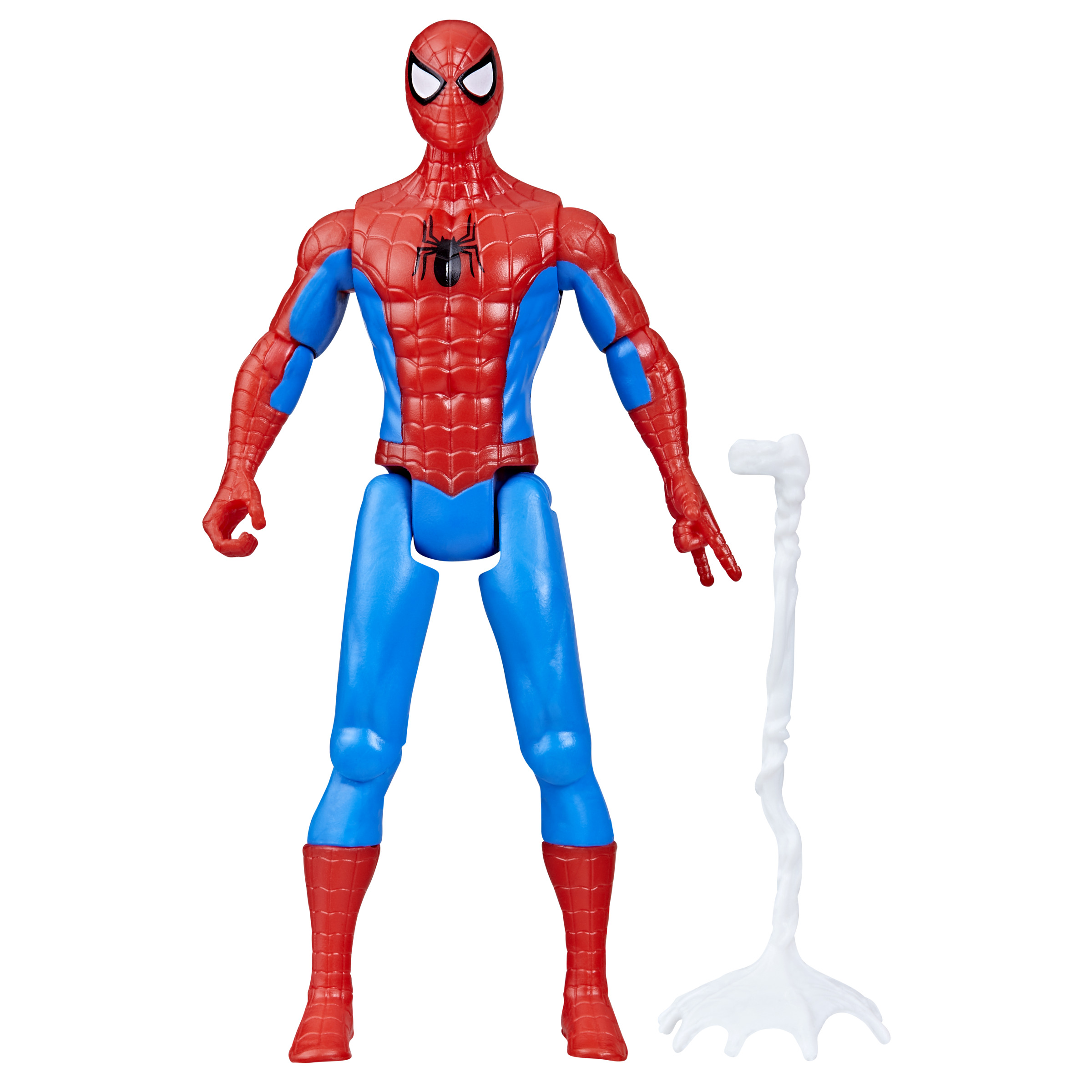 Una figura de Spider-Man con traje rojo y azul. Está de pie con una telaraña blanca unida a un soporte.