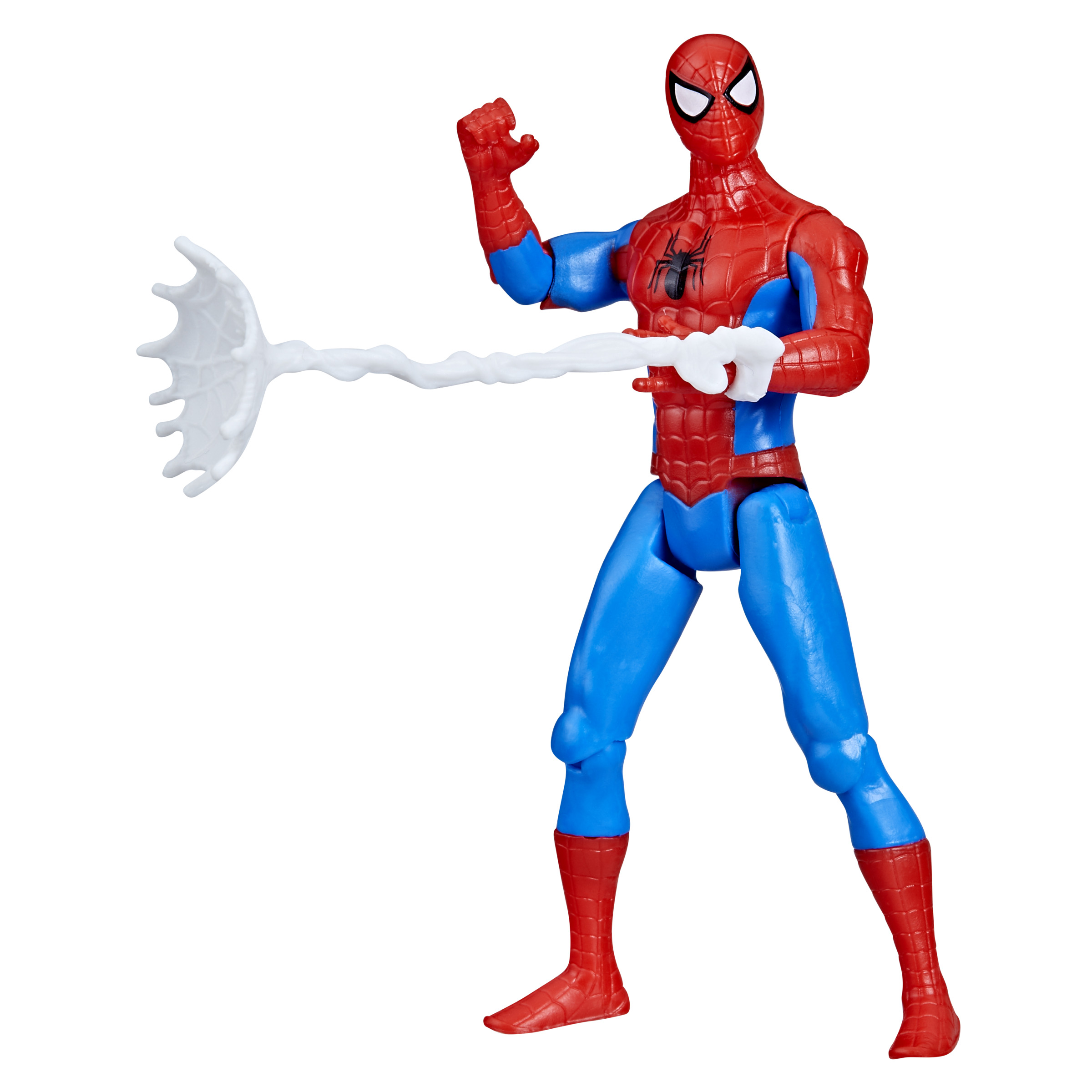 Figura de acción de Spider-Man. Traje rojo y azul con telaraña. Inclinado hacia adelante, telaraña blanca en la mano.