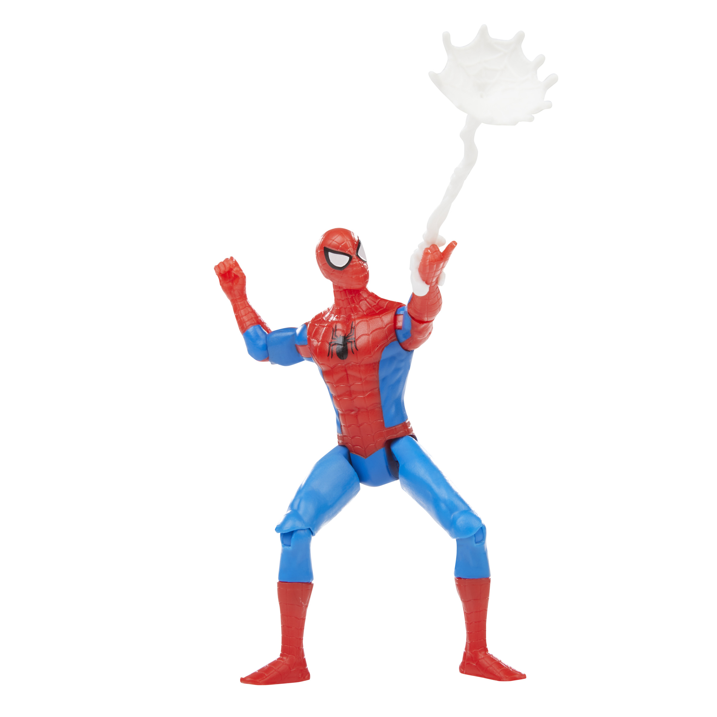 Figura de acción de Spider-Man con telaraña, traje rojo y azul, telaraña blanca, fondo blanco.