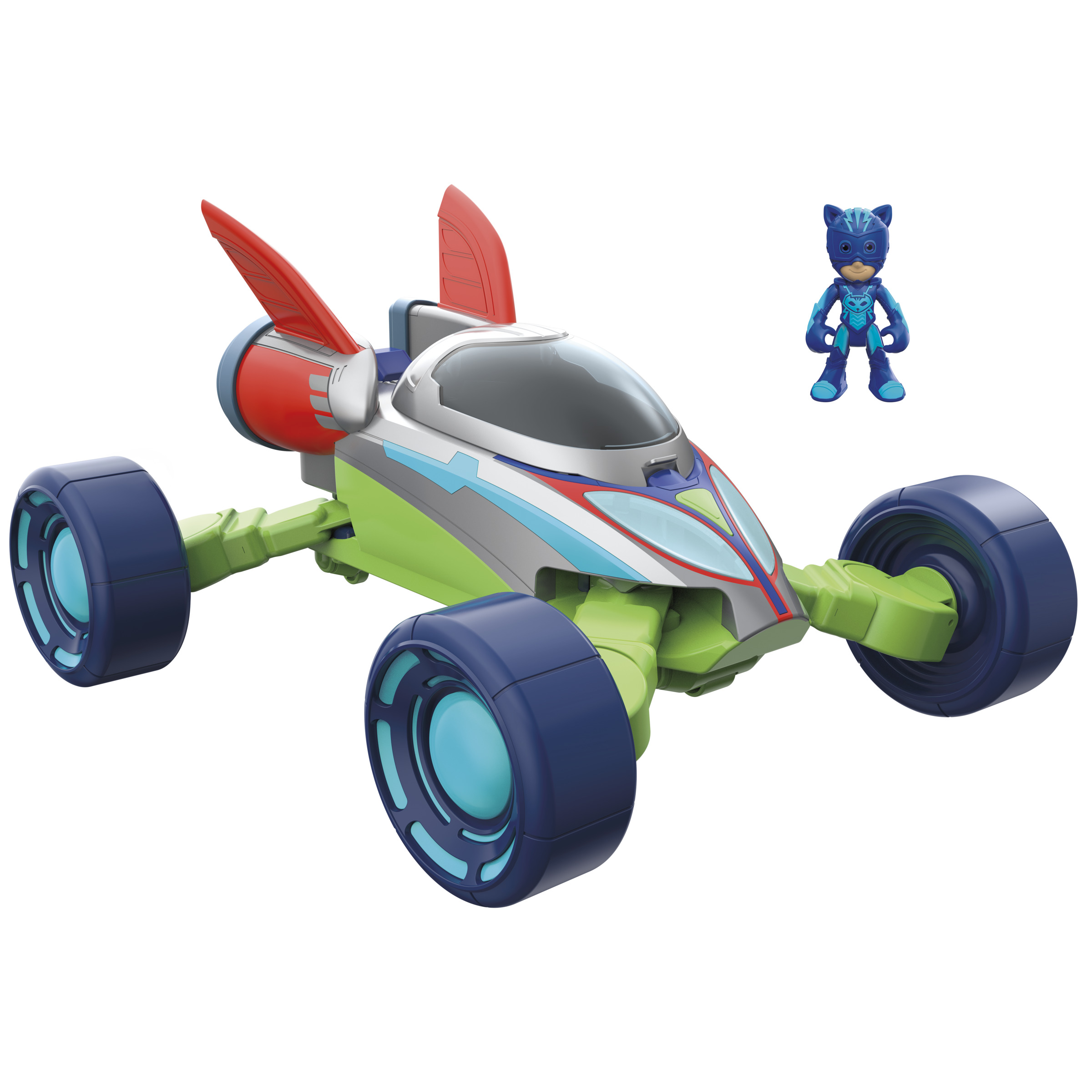 Un vehículo de PJ Masks y una figura de Catboy, ambos en colores brillantes.