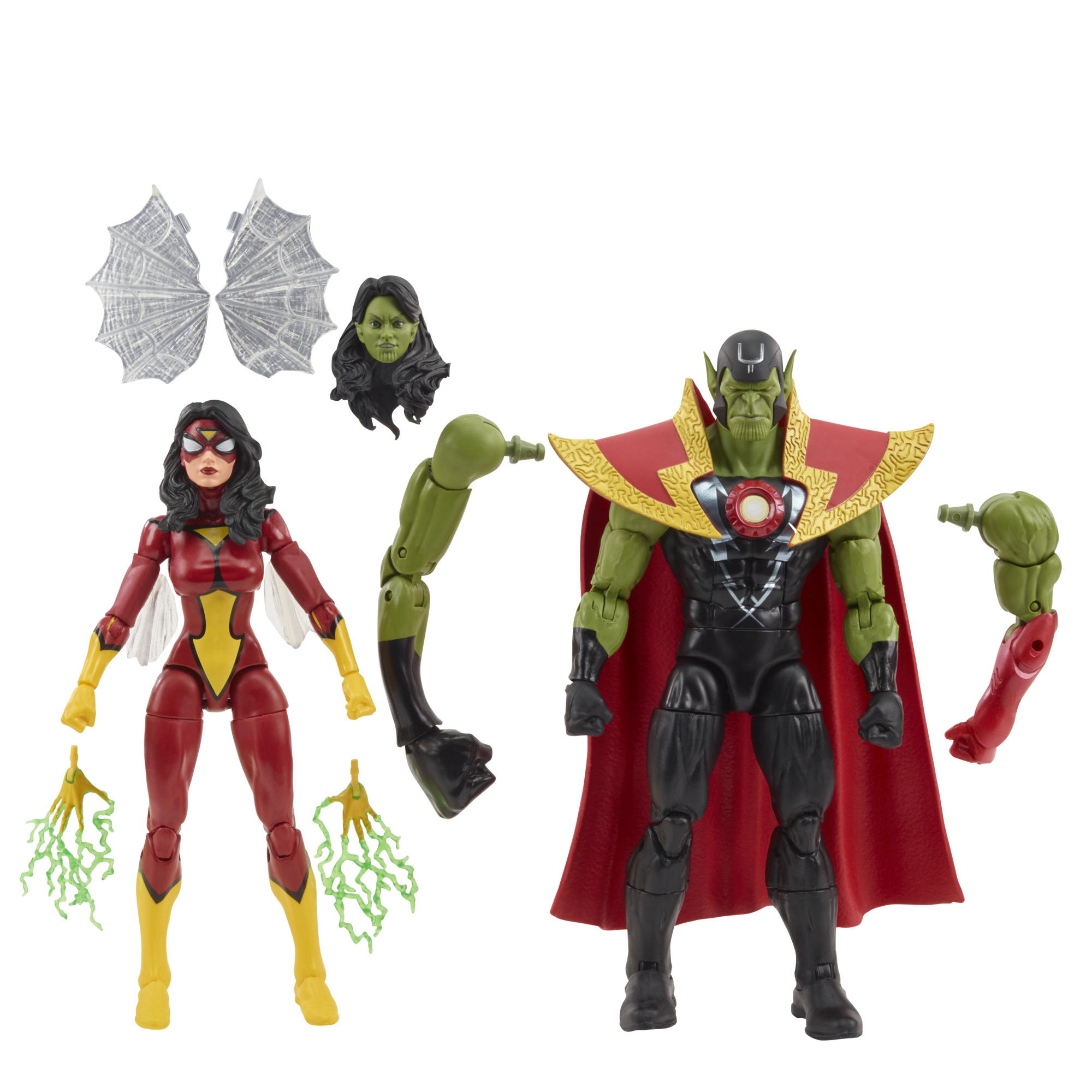 Figuras Marvel: Spider-Woman y una figura de piel verde con partes y accesorios extraíbles.