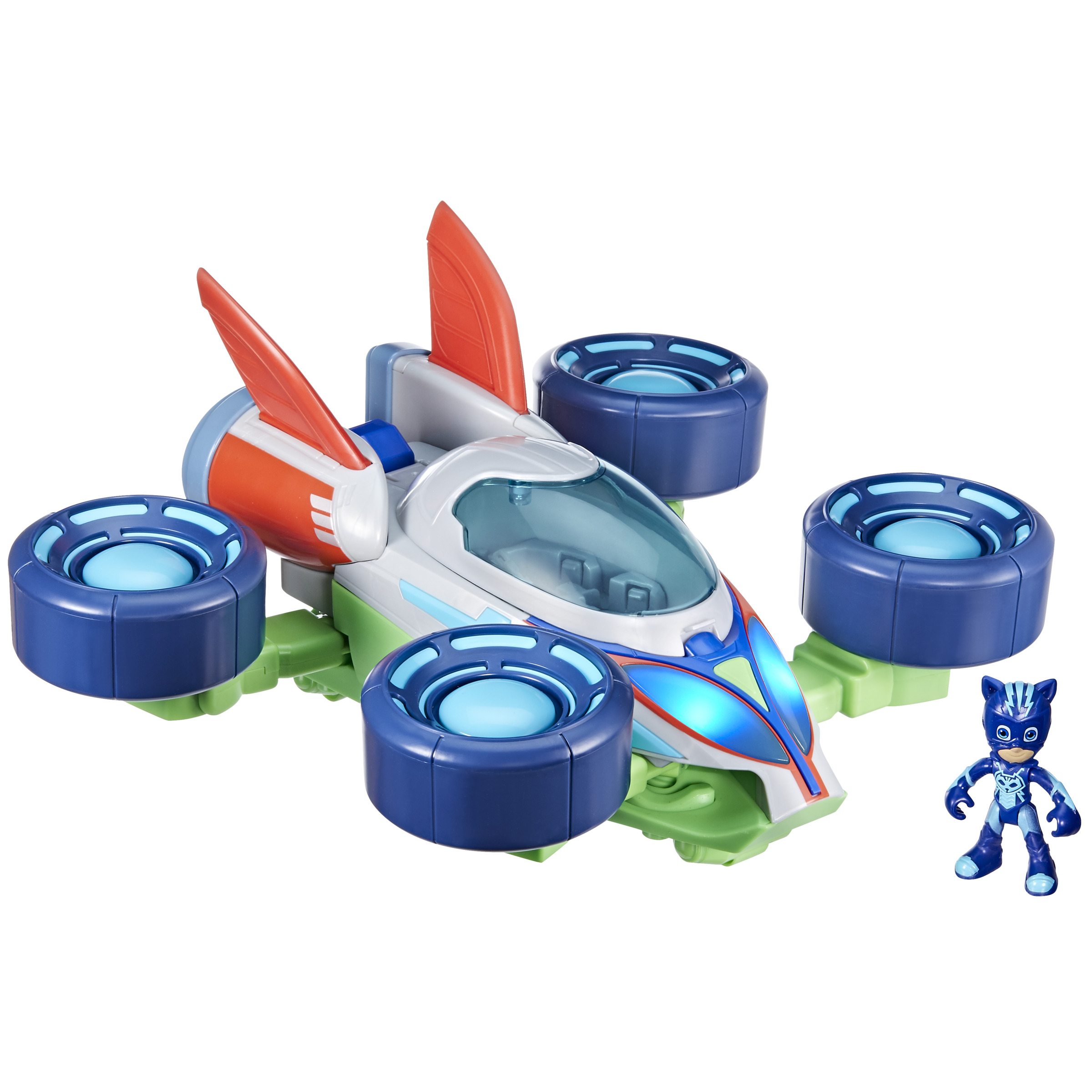Un vehículo de juguete PJ Masks con una figura de Catboy, con un diseño rojo y azul.