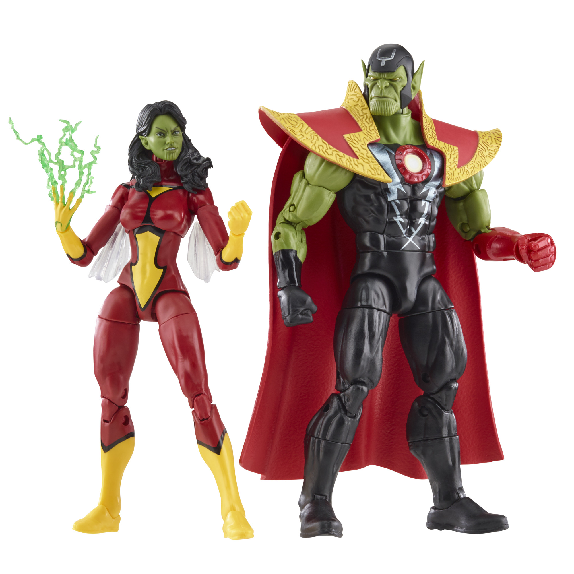 Dos figuras de acción: una de piel verde, otra con traje rojo y capa.