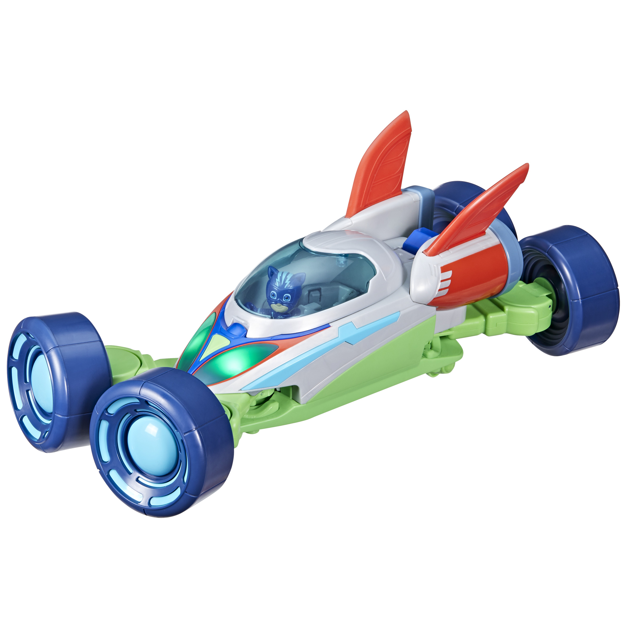 Coche de juguete PJ Masks, verde y azul con personaje dentro, listo para correr.