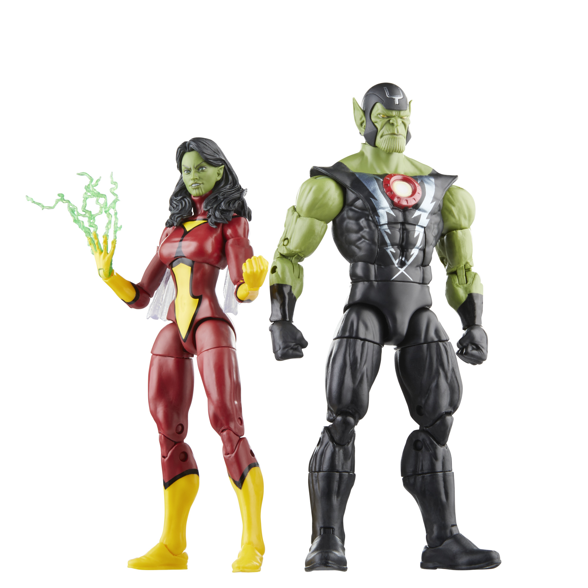 Dos figuras de acción: una mujer de piel verde en rojo y amarillo, y un hombre de piel verde con armadura negra.