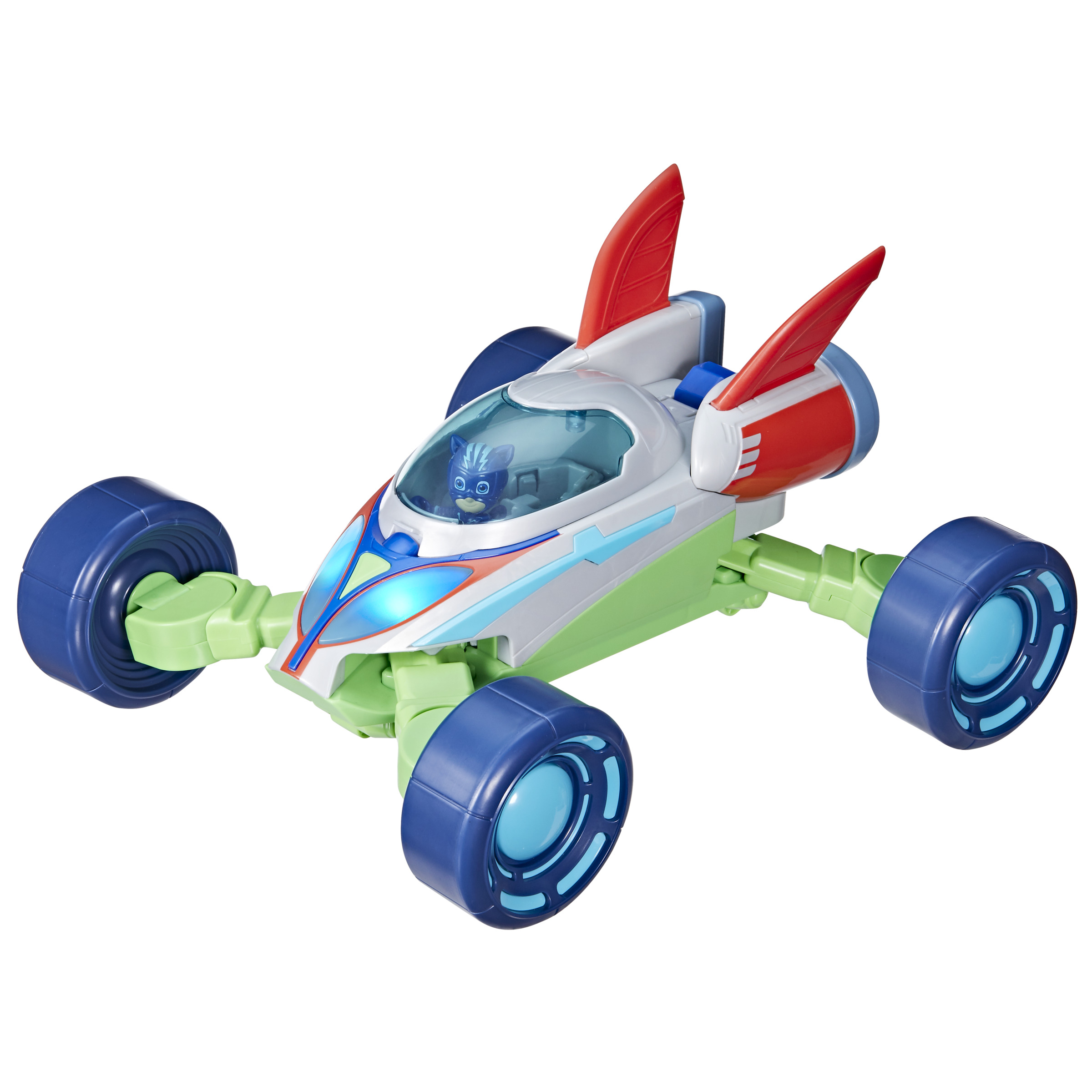 Coche de juguete PJ Masks, chasis verde, ruedas azules, alas rojas, personaje de dibujos animados en la cabina.