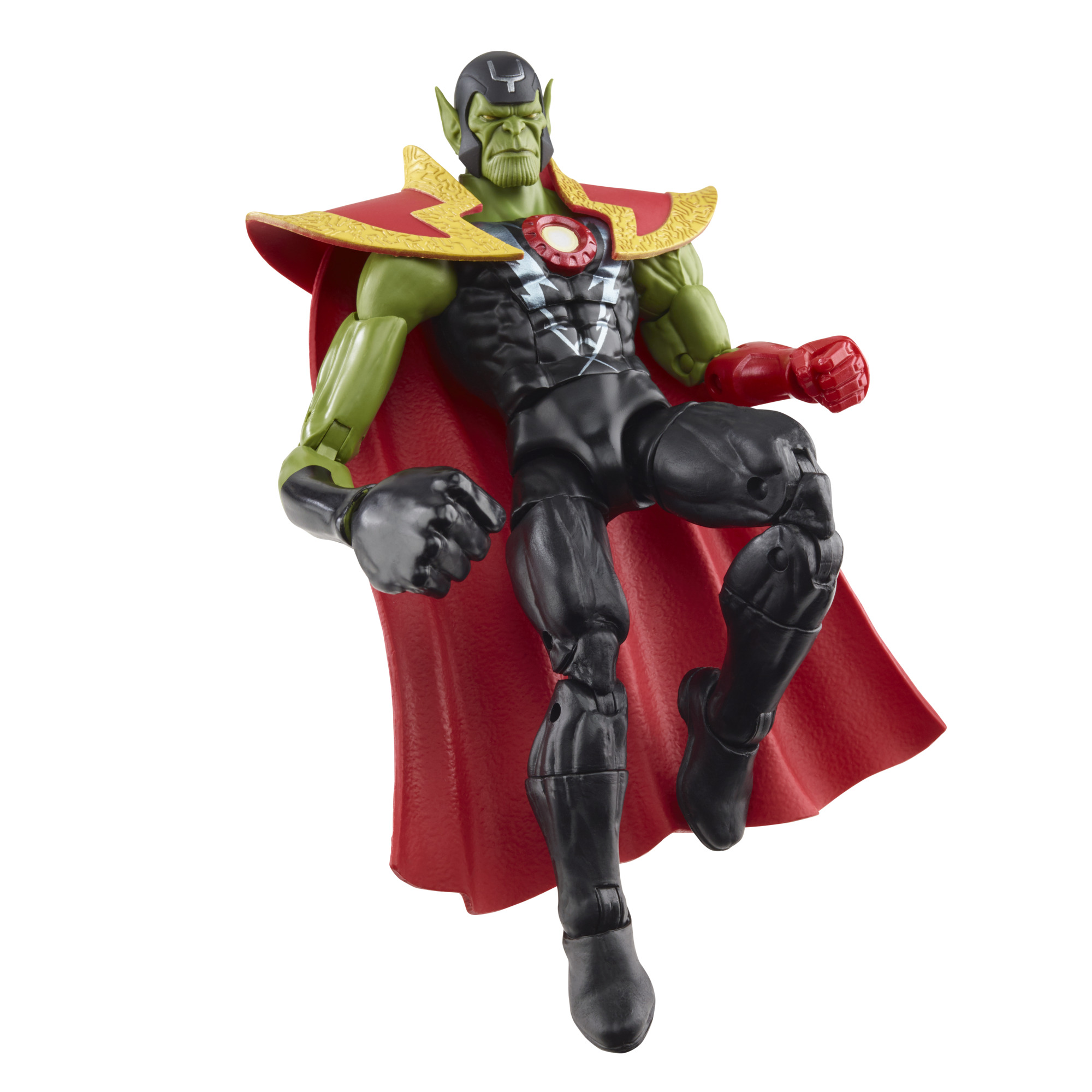 Figura de acción de un hombre verde con capa roja y traje negro. Fondo blanco.