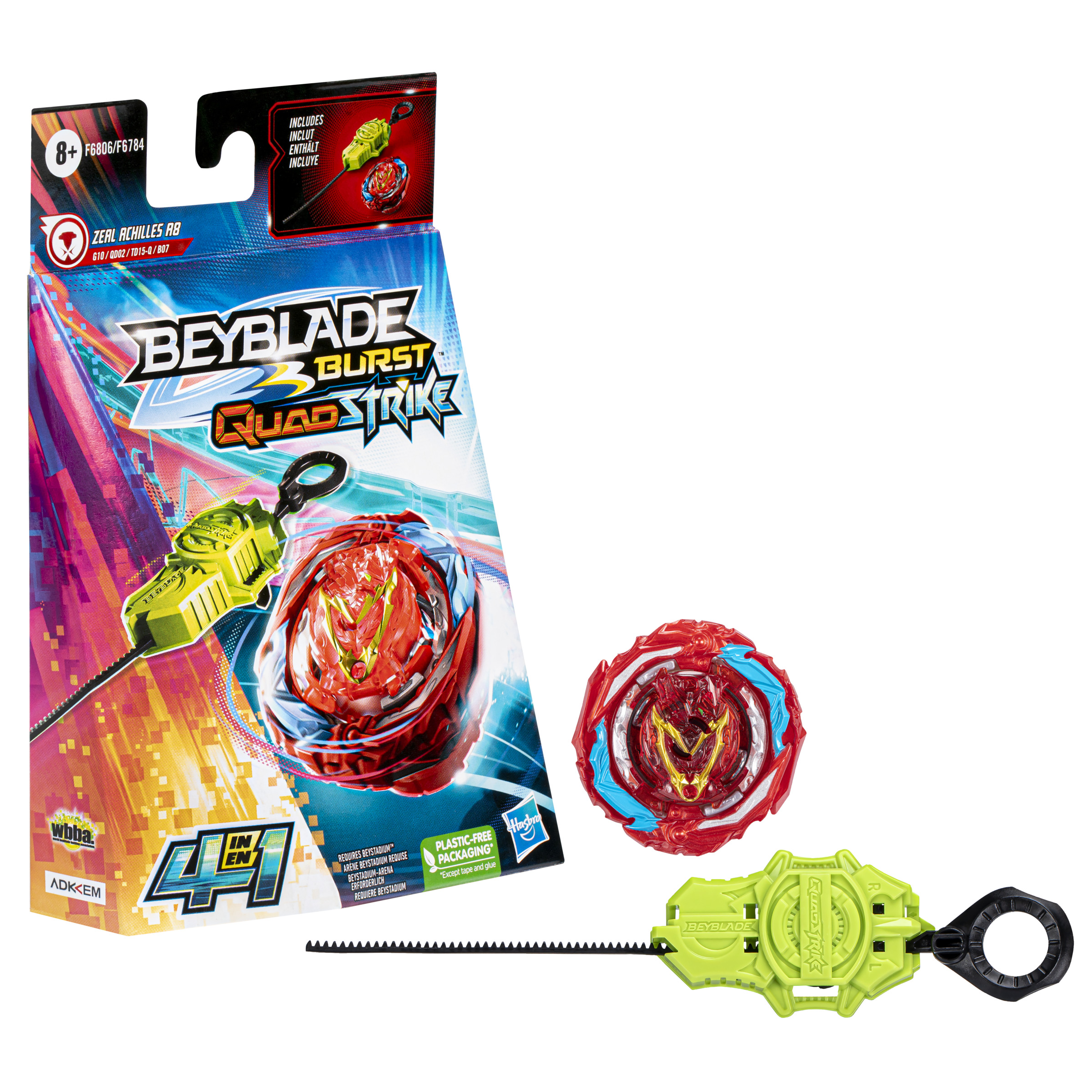Beyblade Burst QuadStrike Set mit Beyblade, Launcher und Verpackung.