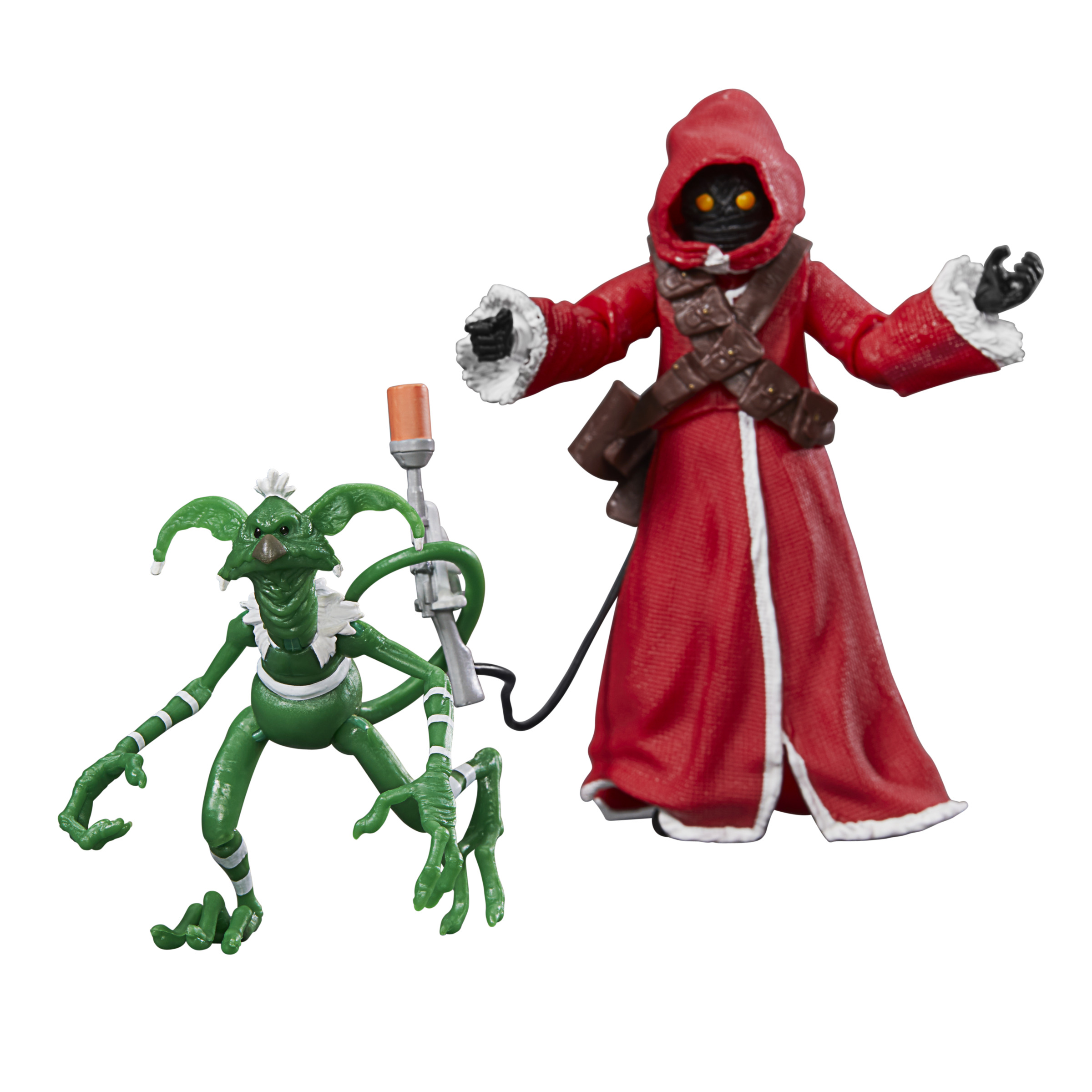 Dos figuras de Star Wars: un alienígena verde con un arma y un Jawa con túnica roja con el brazo extendido.